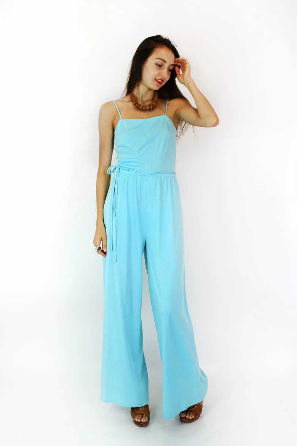 70s Sky Blue Jumpsuit S