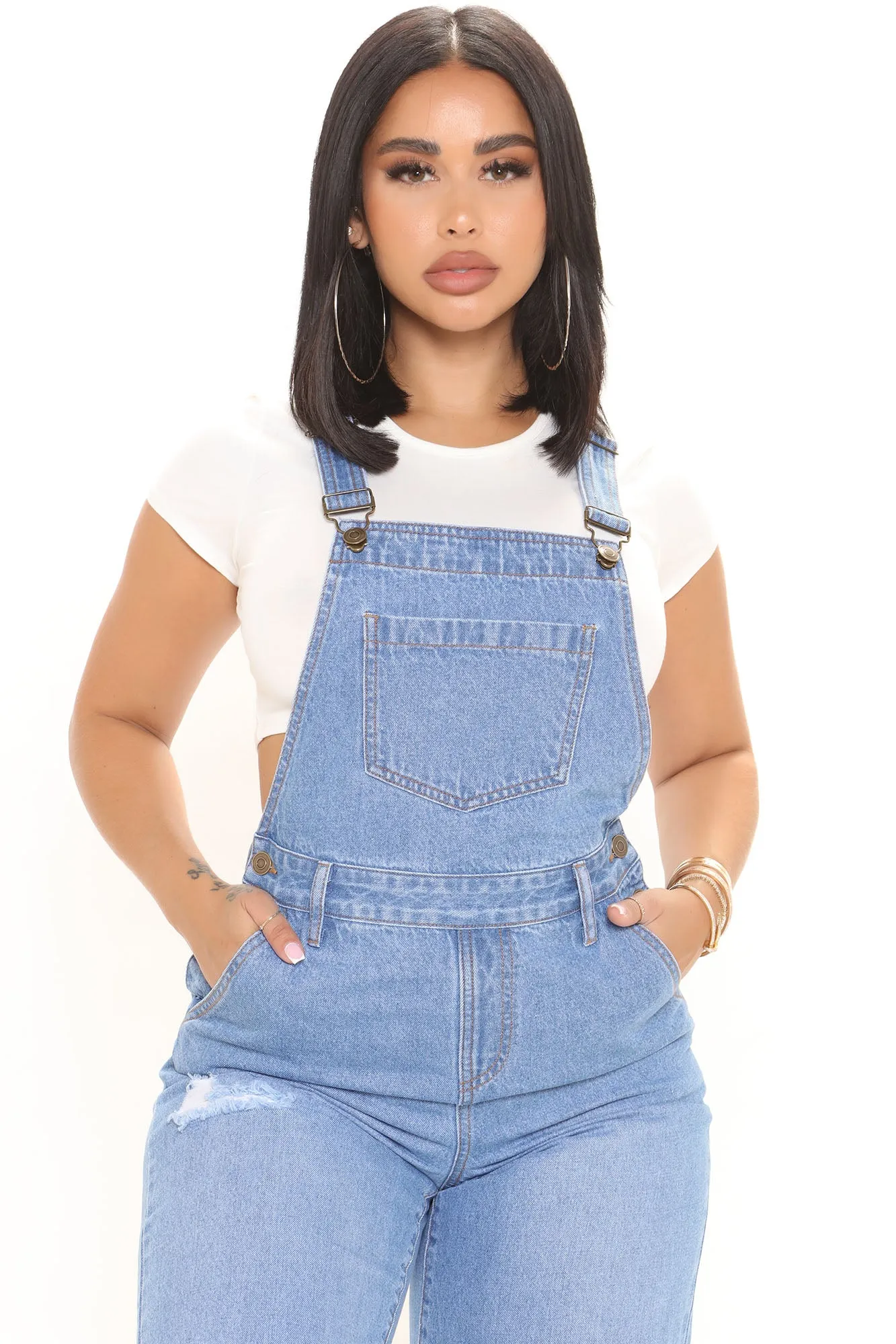 90s Loose Fit Ripped Denim Overalls - Medium Blue Wash