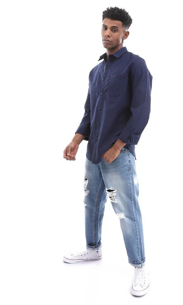 94774 Solid Navy Blue Buttoned Down Shirt With Chest Pocket