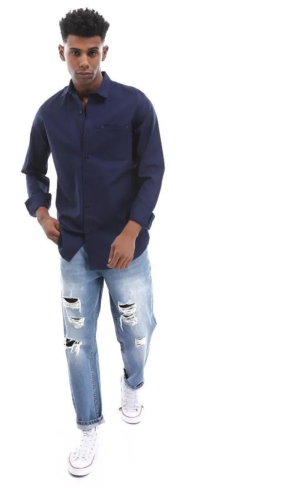 94774 Solid Navy Blue Buttoned Down Shirt With Chest Pocket