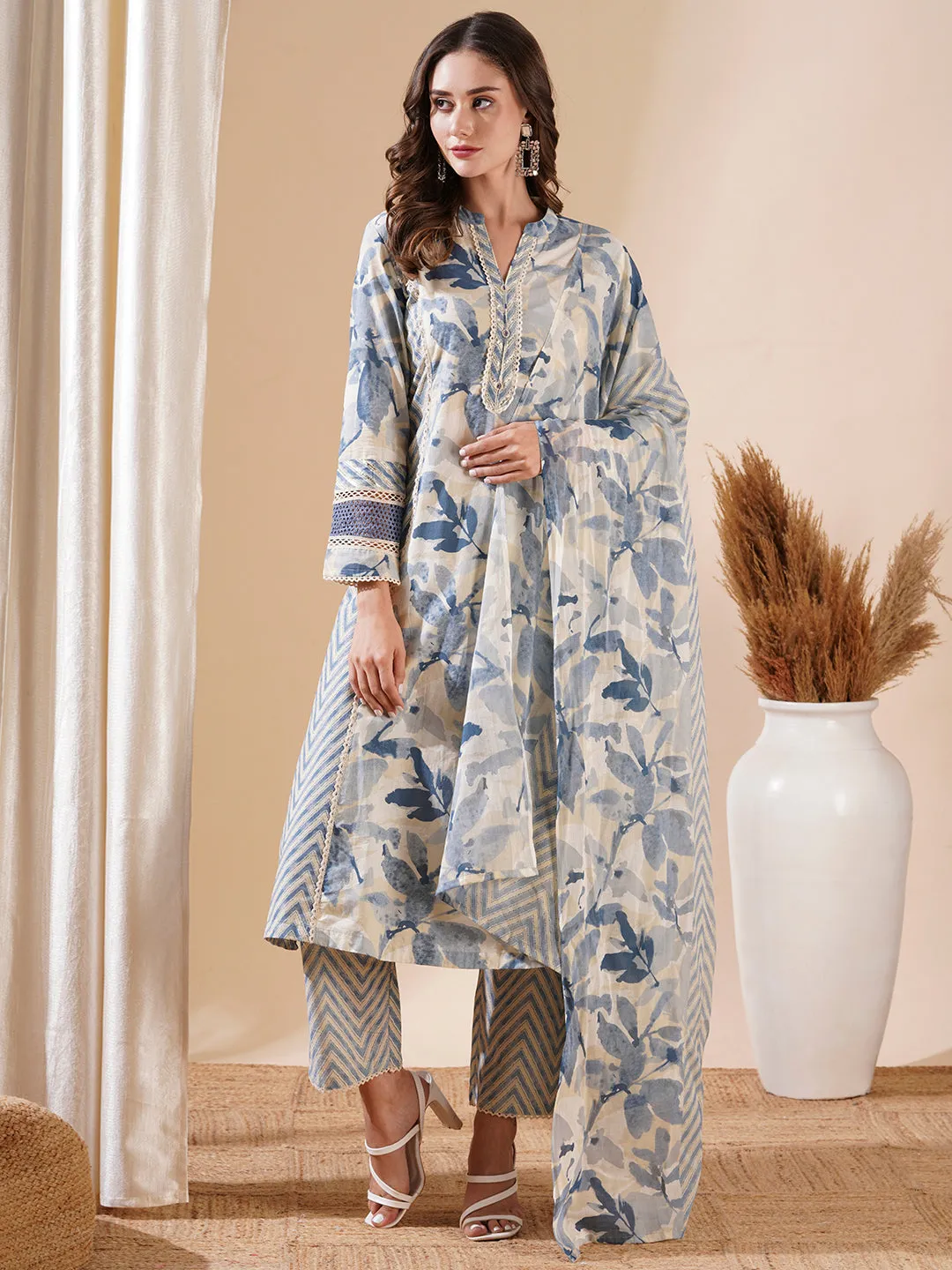 Abstract Printed Lace Work Paneled A-line Kurta with Pants & Dupatta - Blue