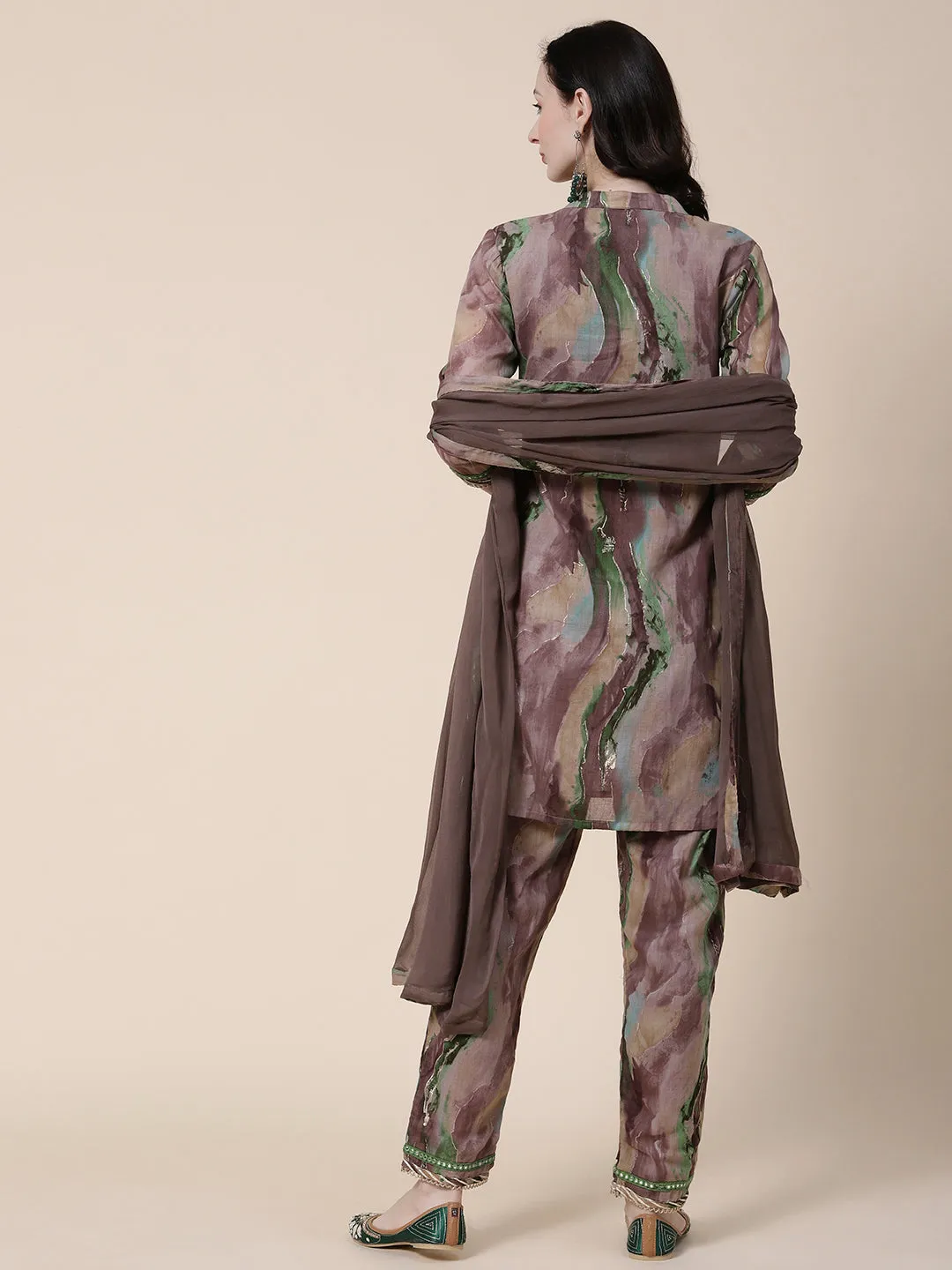 Abstract Printed Mirror, Coin Tikki & Resham Embroidered Mulmul Cotton Kurta With Pants & Dupatta - Brown