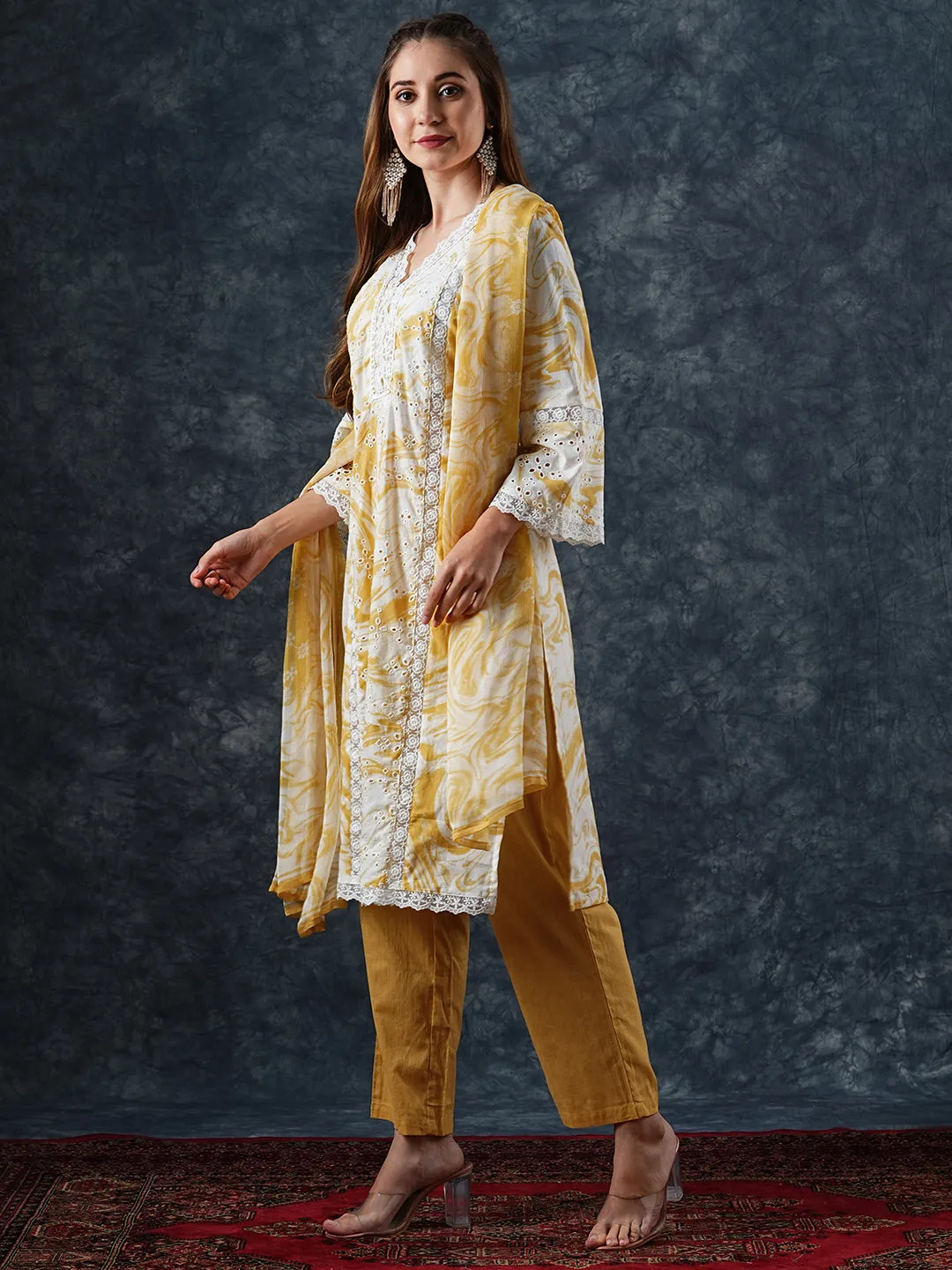 Abstract Printed Schiffili Embroidered Lace Work Kurta with Pants & Dupatta - Yellow