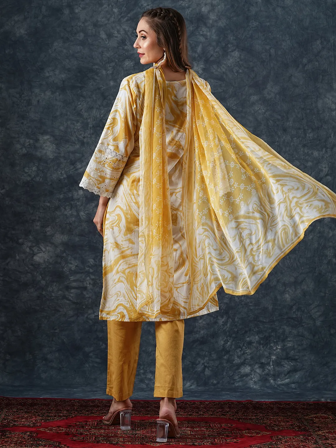 Abstract Printed Schiffili Embroidered Lace Work Kurta with Pants & Dupatta - Yellow