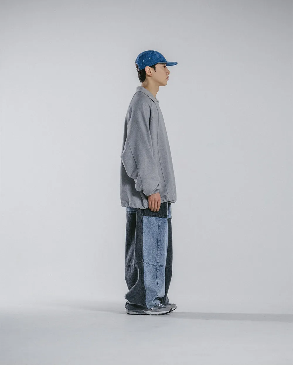 Anglan Denim Mix Fatigue Balloon Pants - Blue & Grey