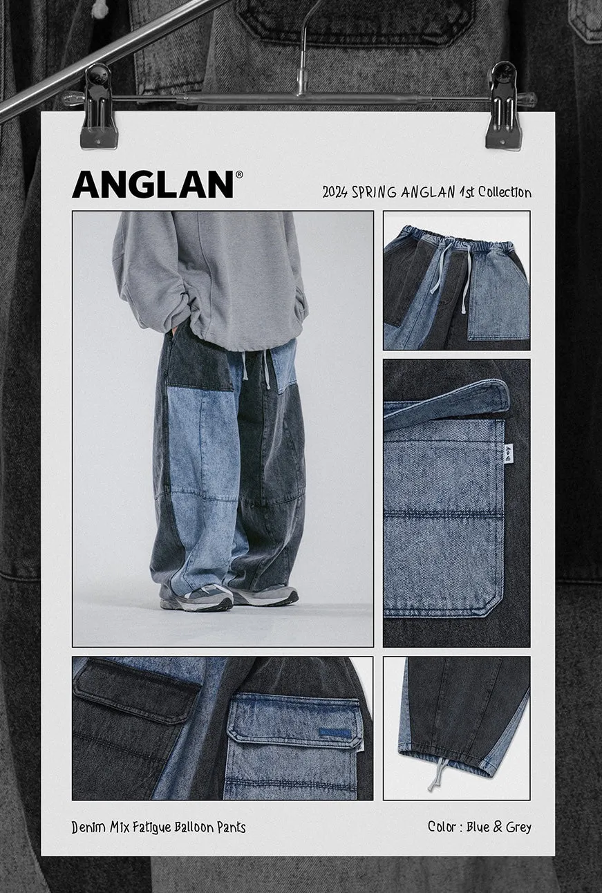 Anglan Denim Mix Fatigue Balloon Pants - Blue & Grey