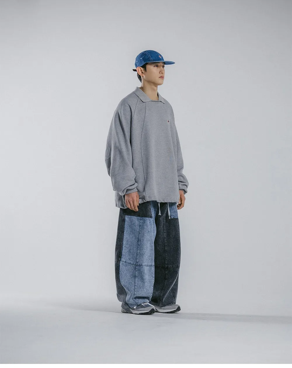 Anglan Denim Mix Fatigue Balloon Pants - Blue & Grey