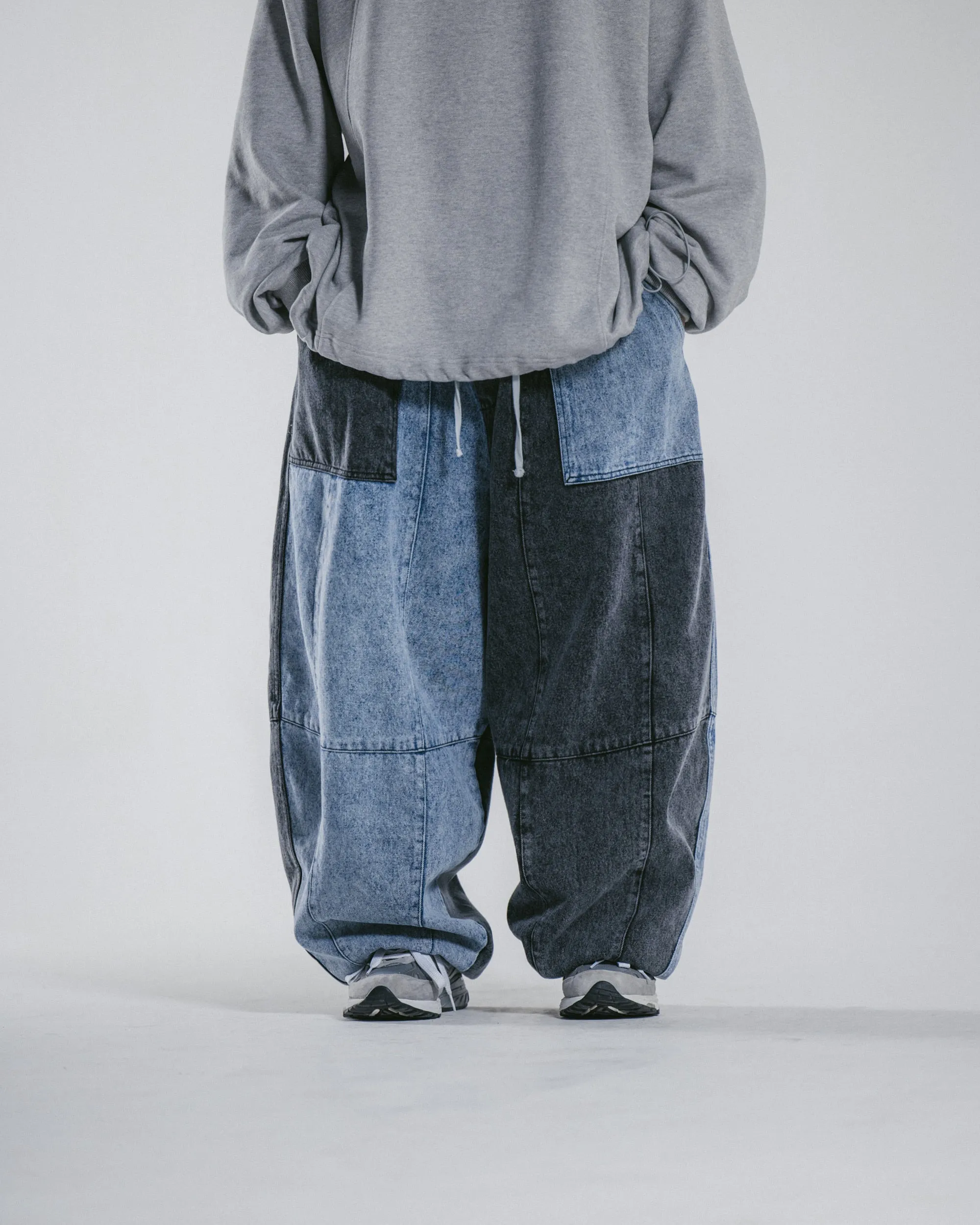 Anglan Denim Mix Fatigue Balloon Pants - Blue & Grey