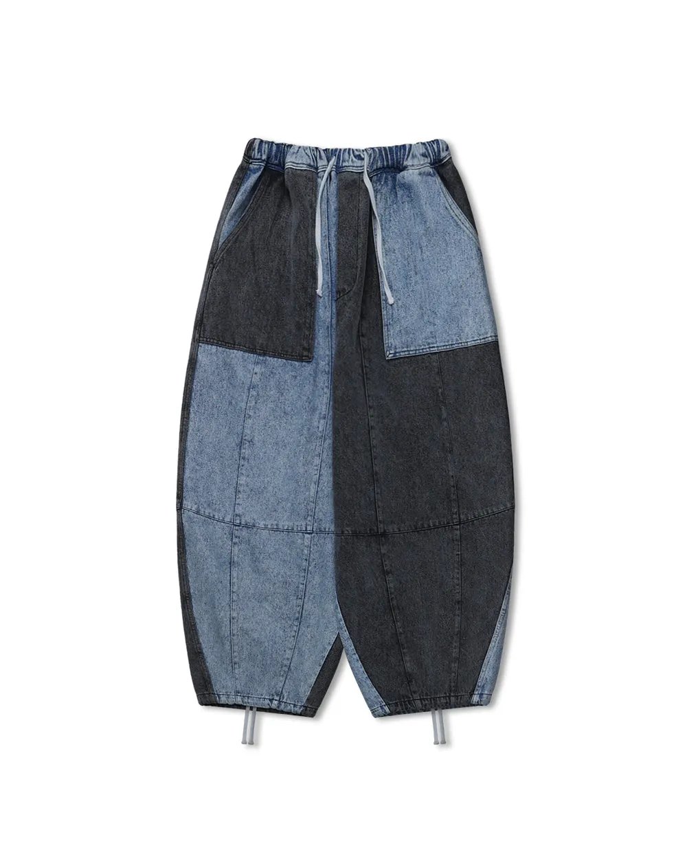 Anglan Denim Mix Fatigue Balloon Pants - Blue & Grey