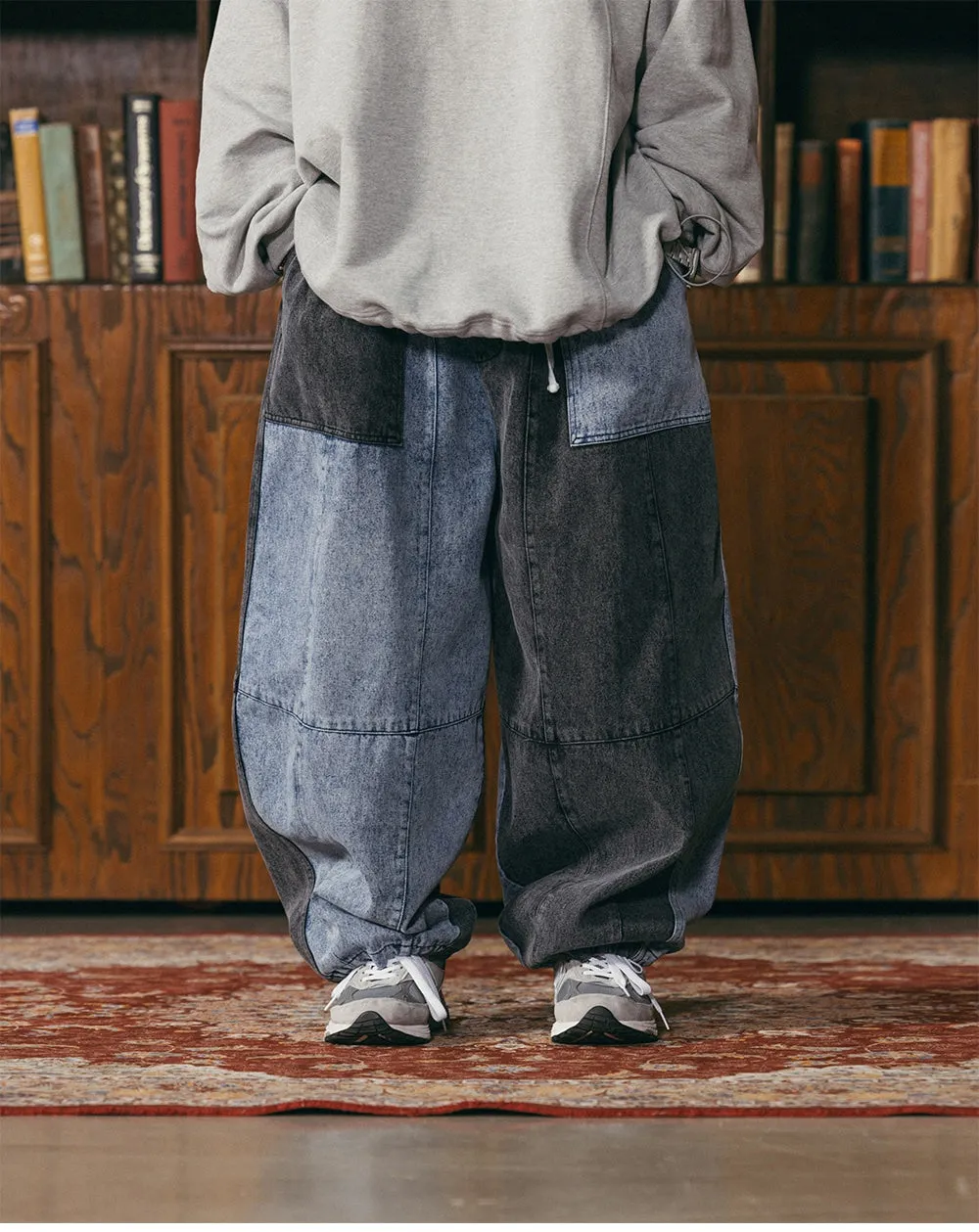 Anglan Denim Mix Fatigue Balloon Pants - Blue & Grey