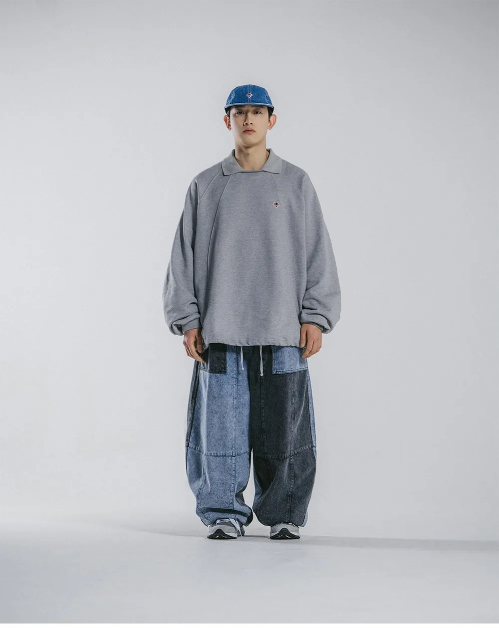 Anglan Denim Mix Fatigue Balloon Pants - Blue & Grey