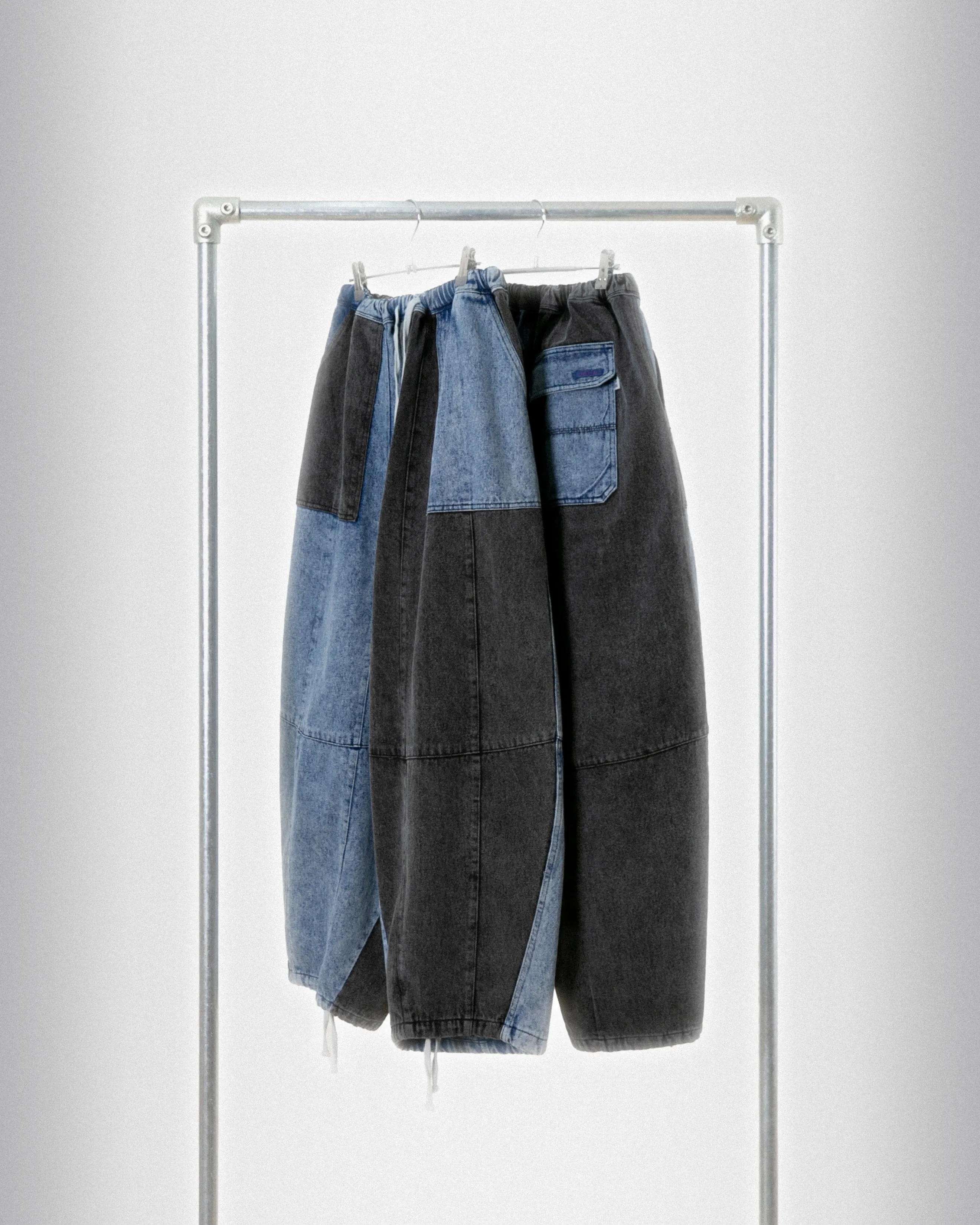 Anglan Denim Mix Fatigue Balloon Pants - Blue & Grey