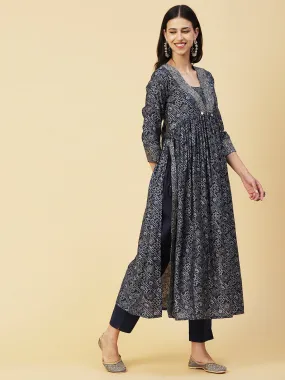 Bandhani Printed Sequins & Zari Embroidered Flared High Slit Kurta With Pants - Blue