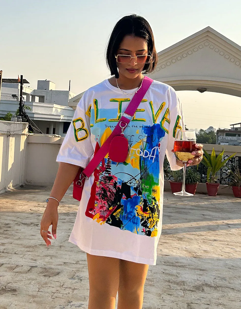 Believer White Oversized Full Front Graphic  Printed Tshirt(Free Size)