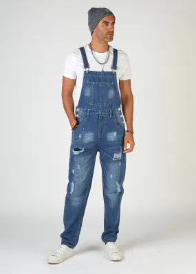 BERTIE Mens Relaxed Fit Dungarees Midwash with Rips