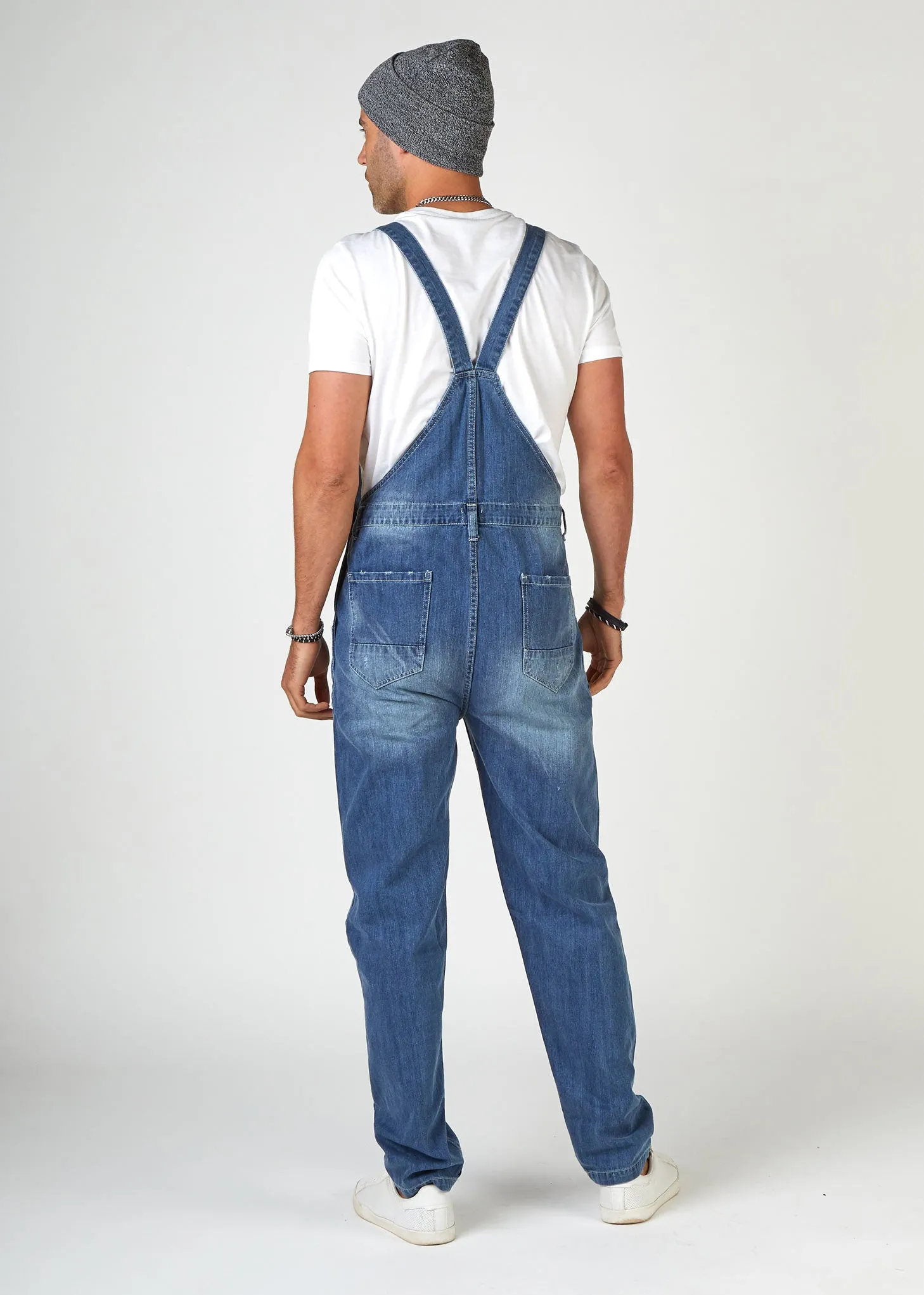 BERTIE Mens Relaxed Fit Dungarees Midwash with Rips