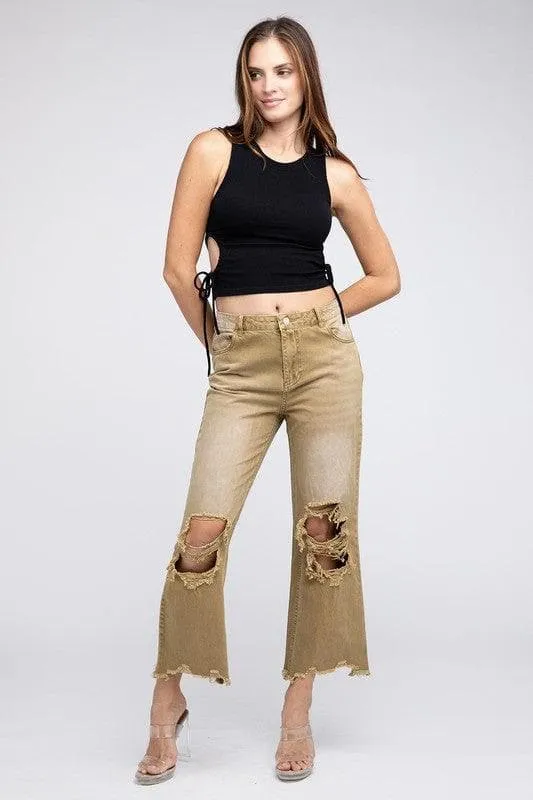 BiBi Distressed Vintage Washed Wide Leg Pants