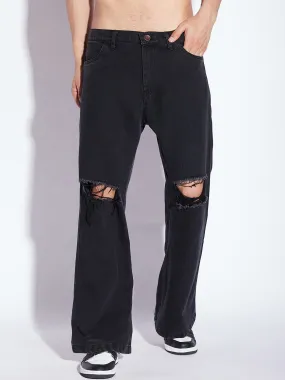 Black Knee Ripped Flared Denim