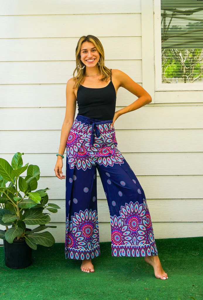 Blue Floral Mandala Palazzo Wrap Pants