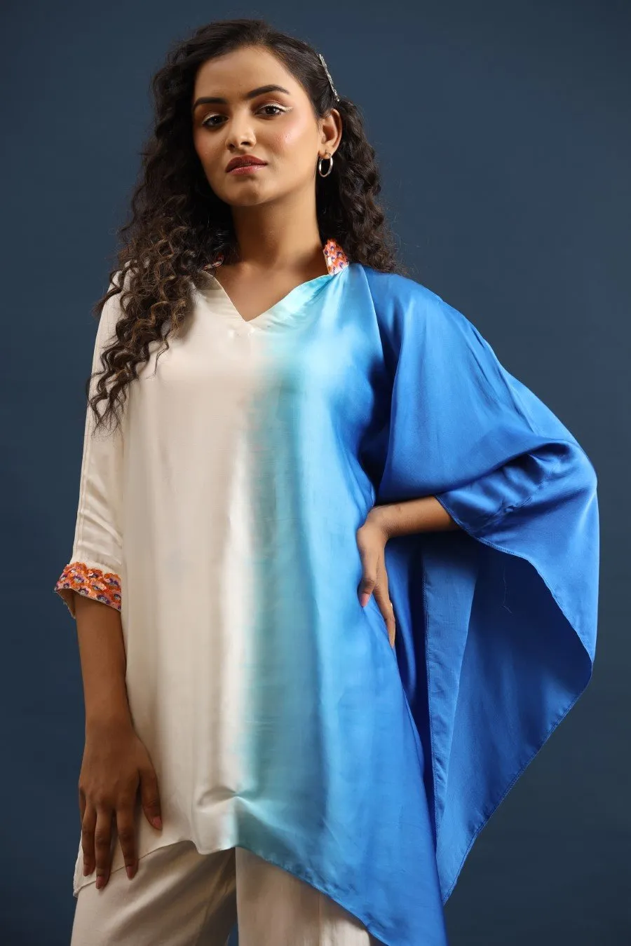 Blue Ombre Satin Silk Kaftan with Pants