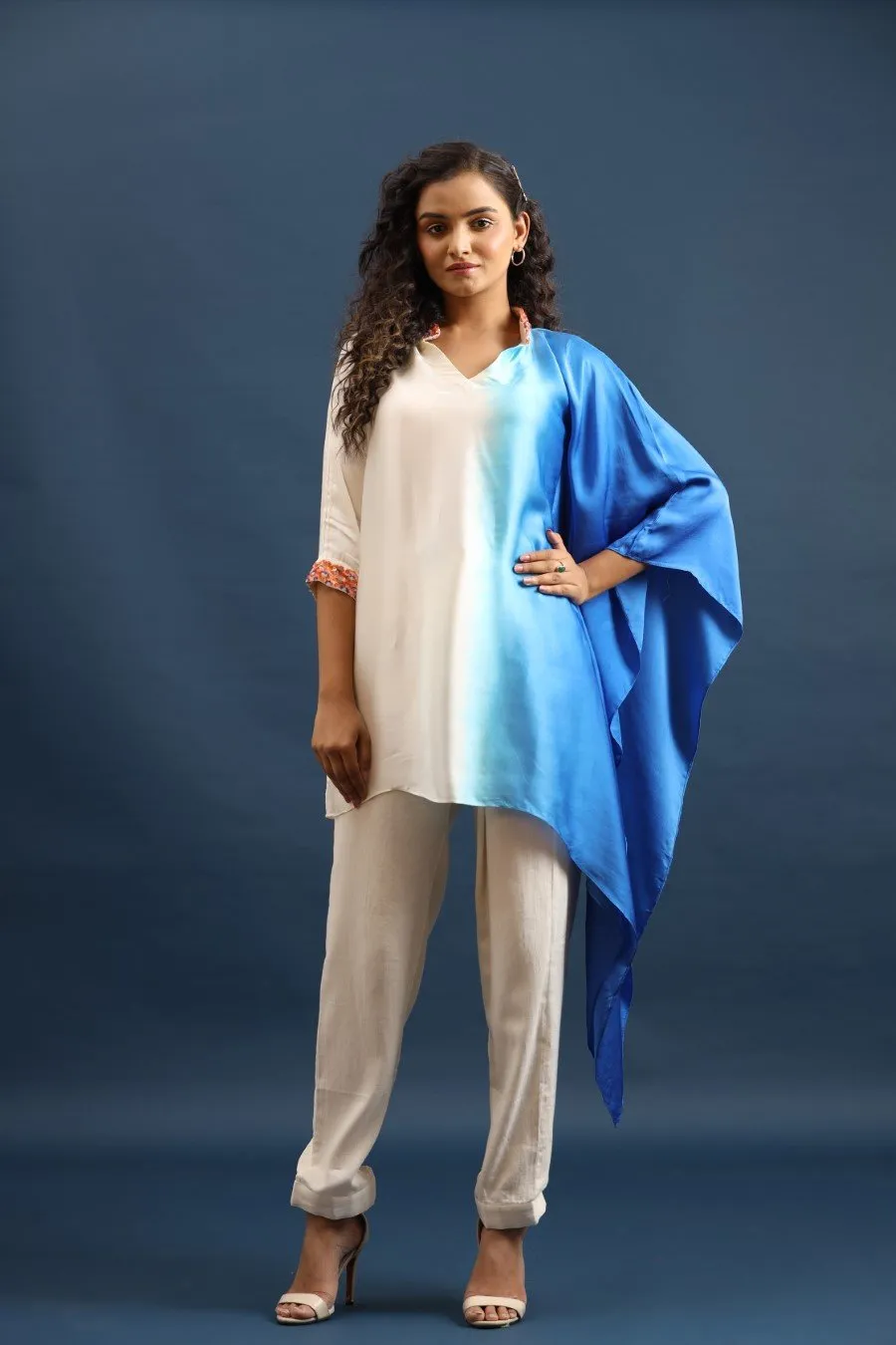 Blue Ombre Satin Silk Kaftan with Pants