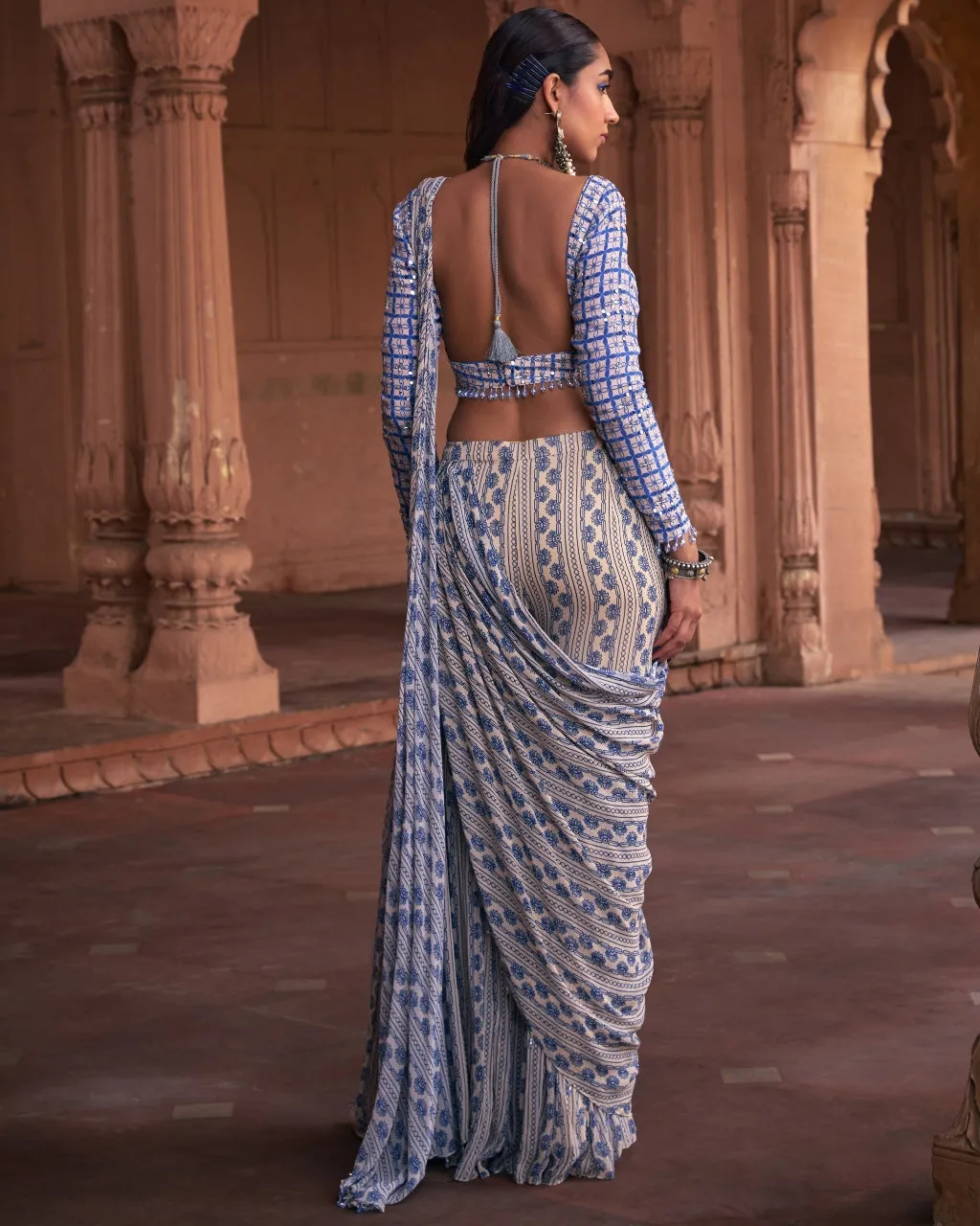 Blue Stripe Print and Highlighted Sharara Sari Set