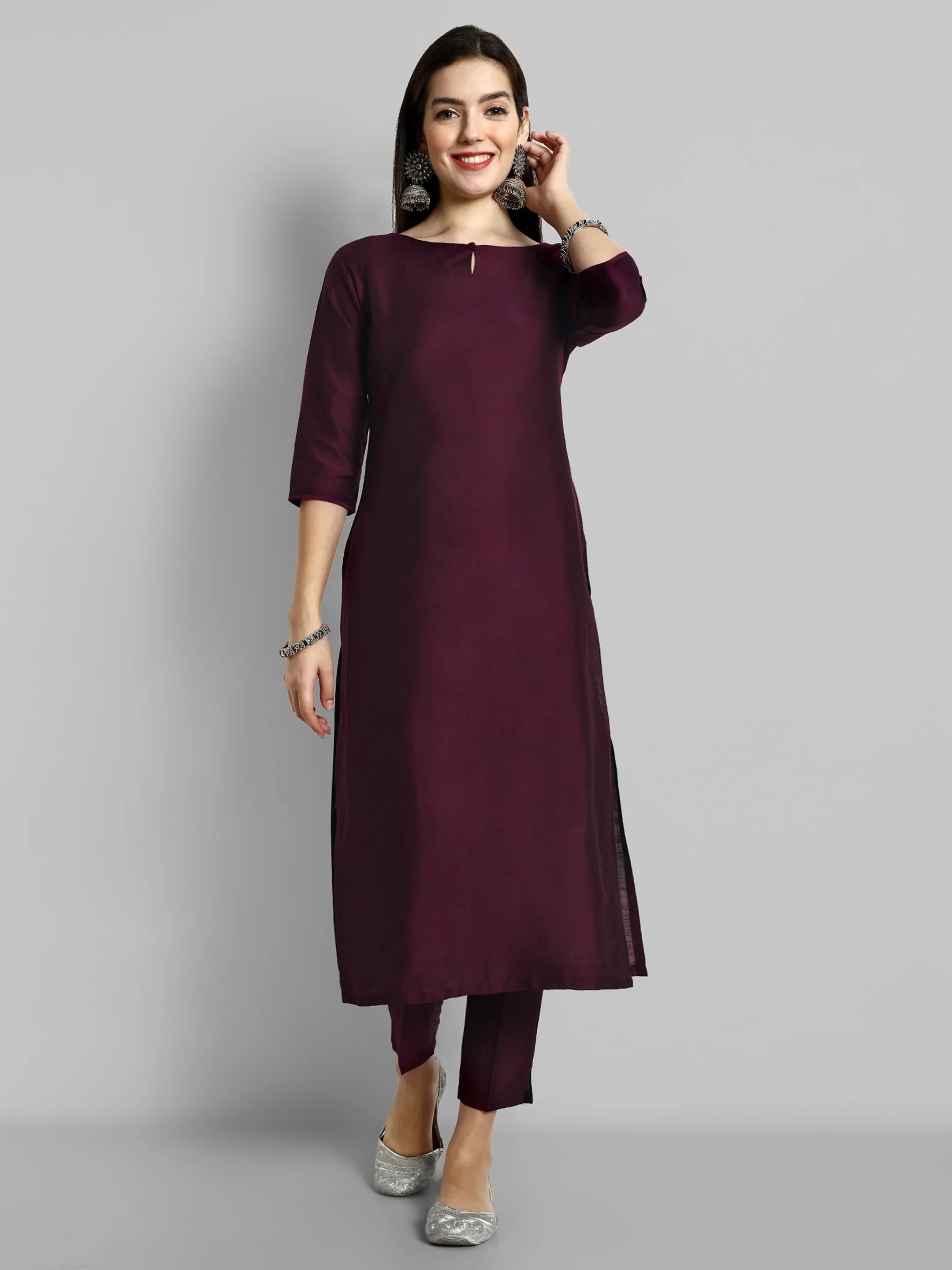 Burgundy Boat Neck Kurta with Elasticated Pant - Set of 2