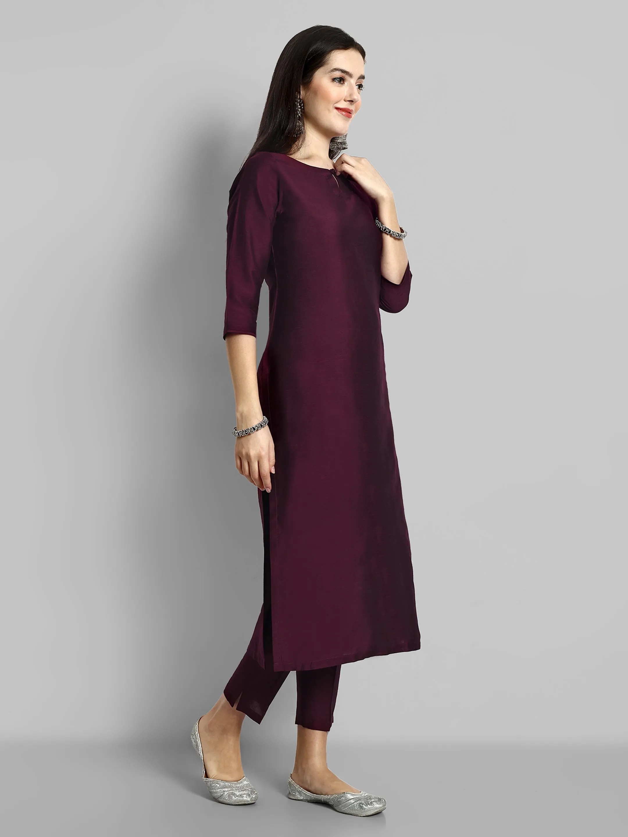 Burgundy Boat Neck Kurta with Elasticated Pant - Set of 2