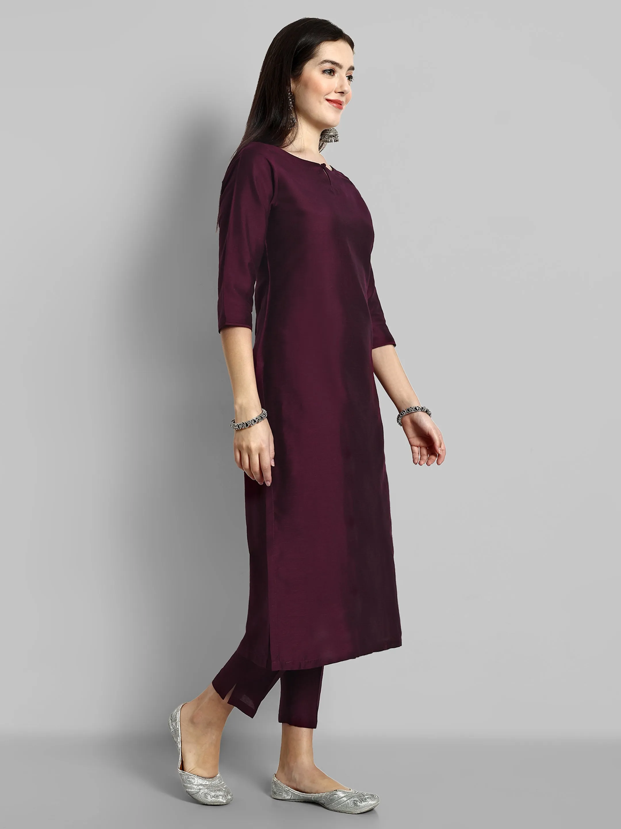 Burgundy Boat Neck Kurta with Elasticated Pant - Set of 2