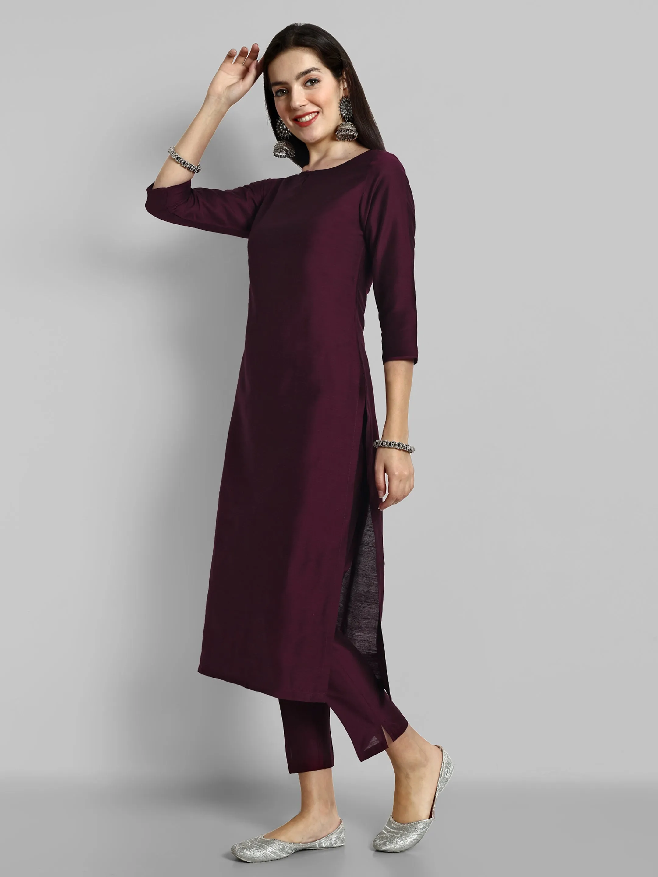 Burgundy Boat Neck Kurta with Elasticated Pant - Set of 2