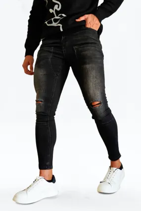 Buy $80 Free Shipping Men's Black Ripped Stretch Jean