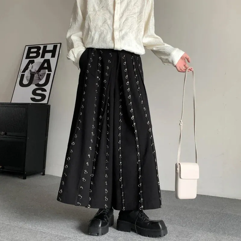 Casual Pants Men Metal Button Patchwork Wide Leg Pants