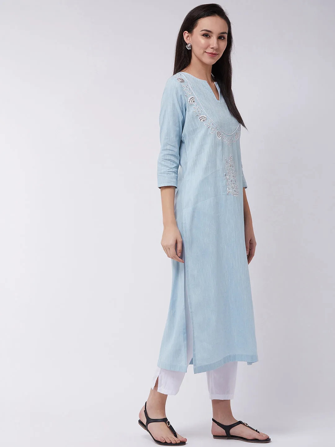 Chambray Embroidered Quarter Sleeves Kurta