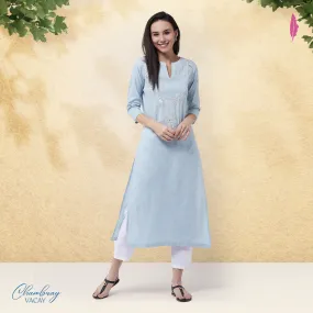 Chambray Embroidered Quarter Sleeves Kurta