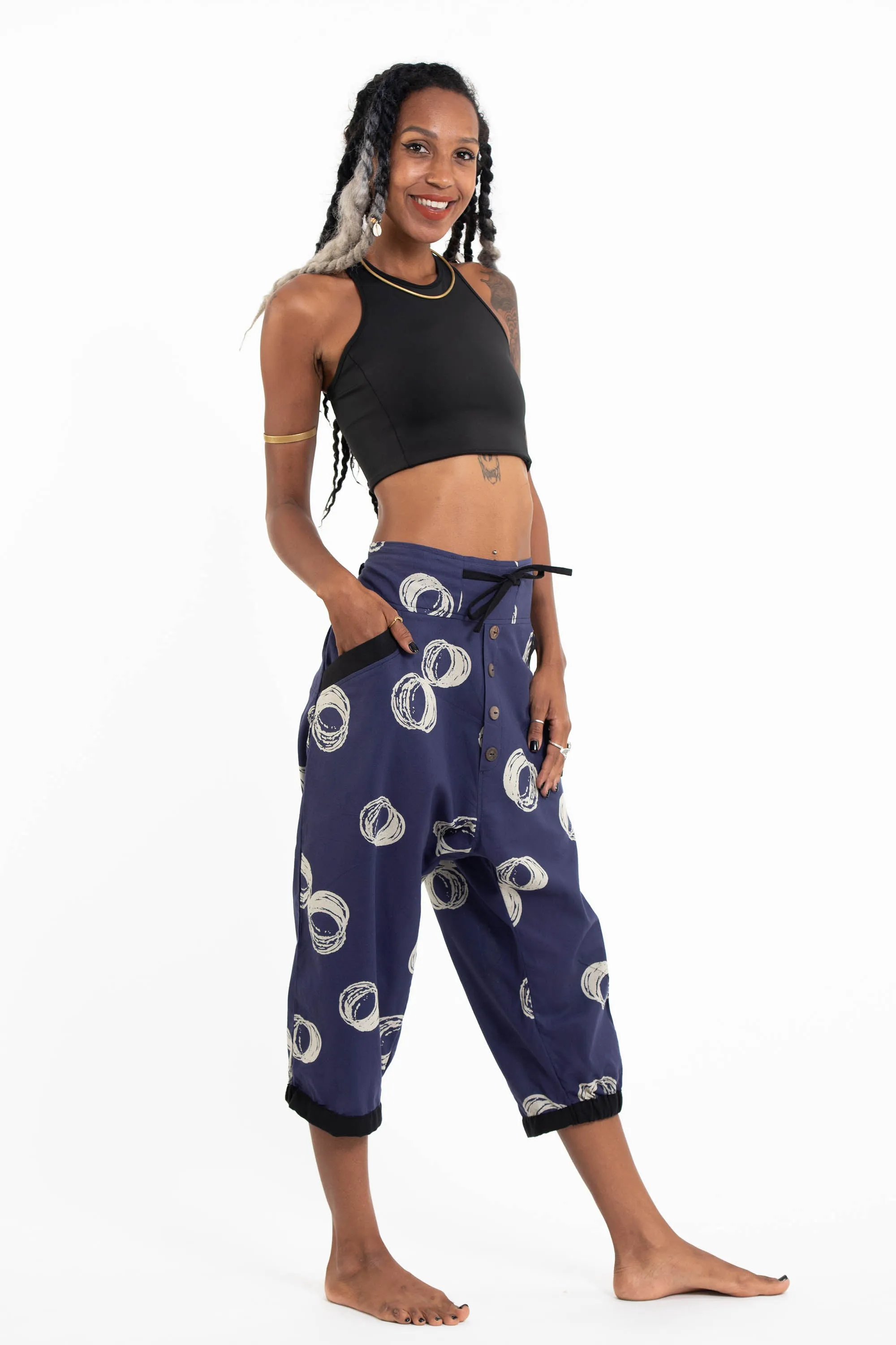 Circles Women's Harem Pants with Faux Buttons in Navy