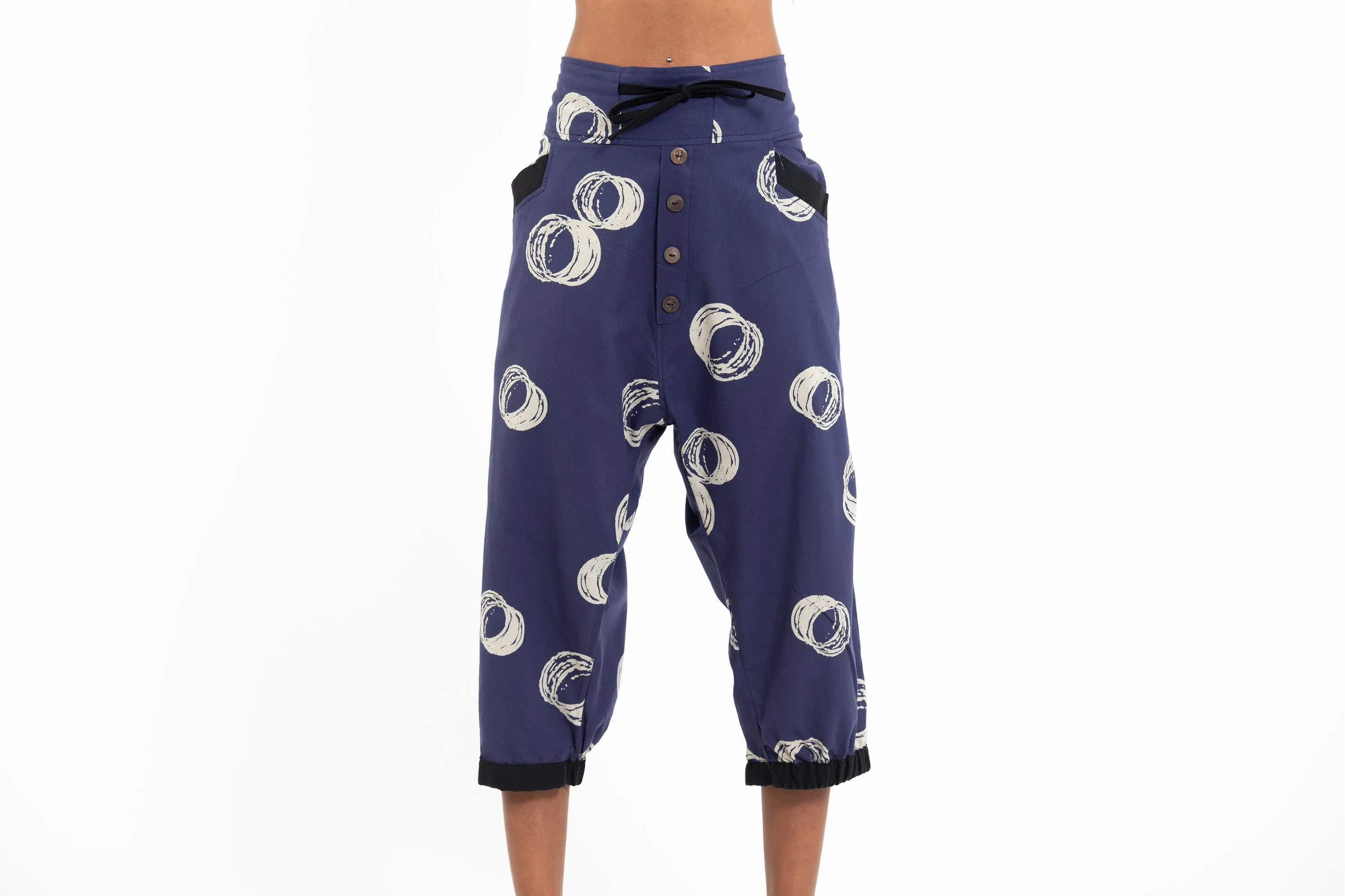 Circles Women's Harem Pants with Faux Buttons in Navy