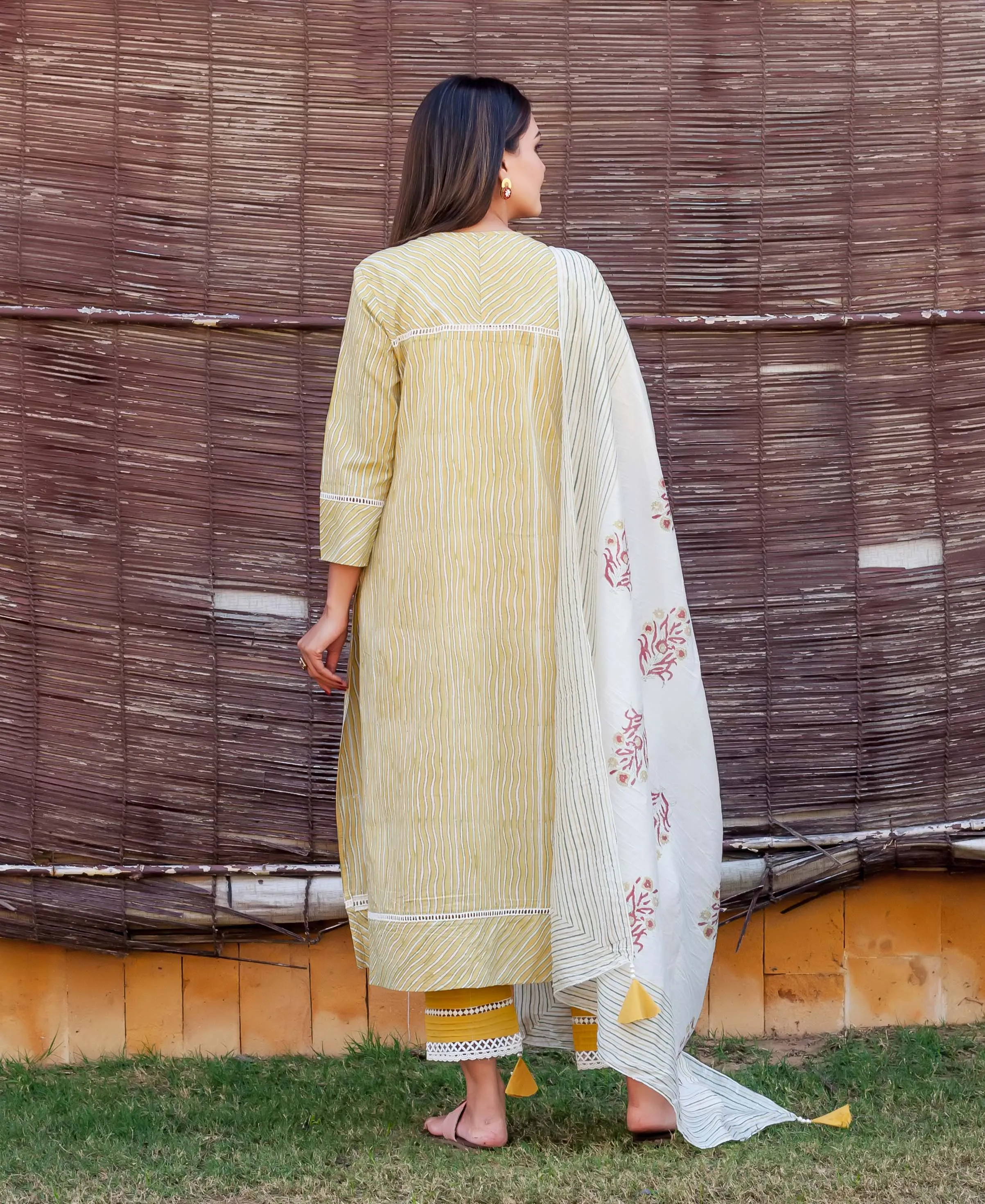 Corn Yellow Striped Printed Kurta