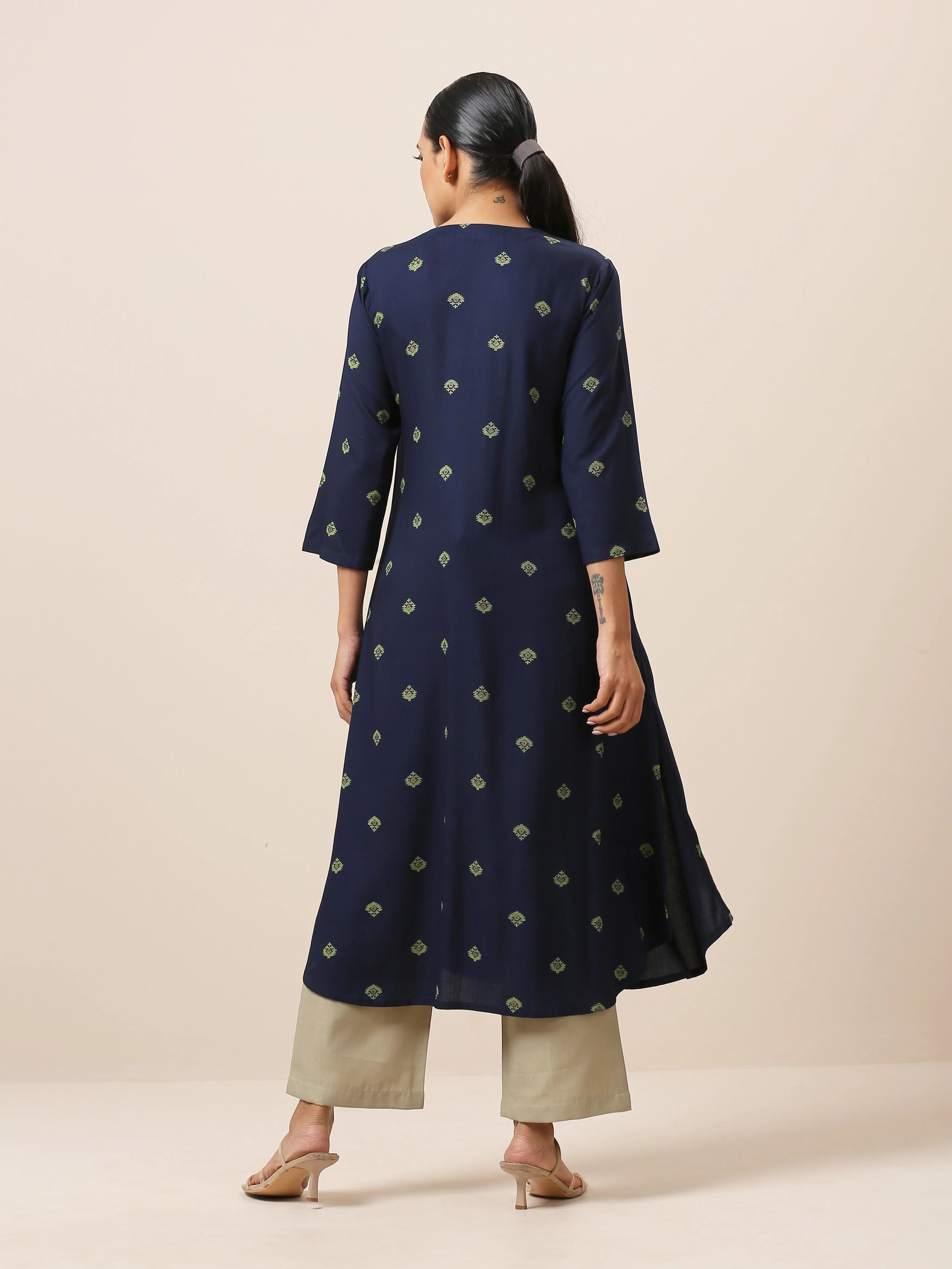 Cotton Blue Printed Slit Kurta Pant Set