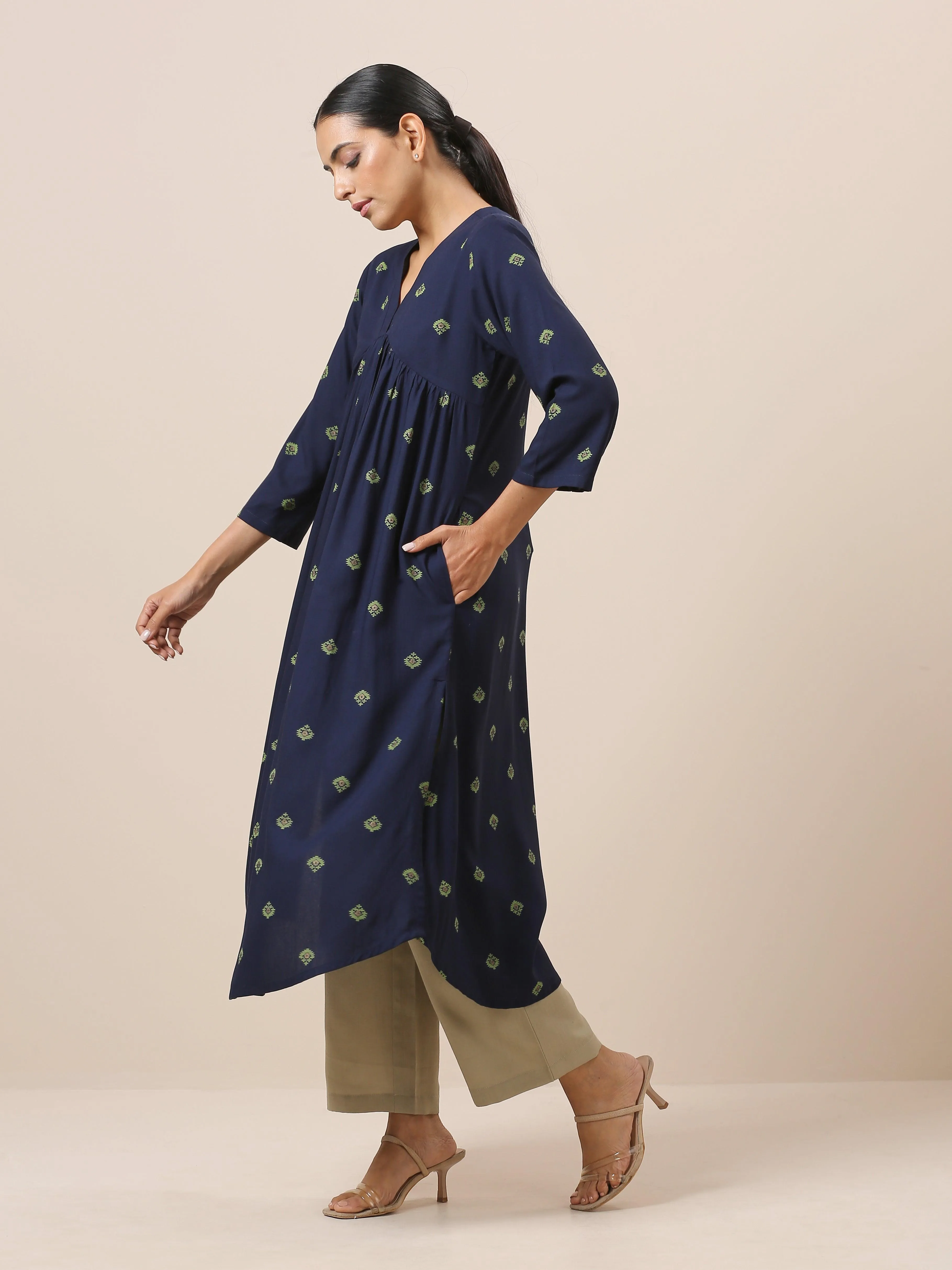 Cotton Blue Printed Slit Kurta Pant Set