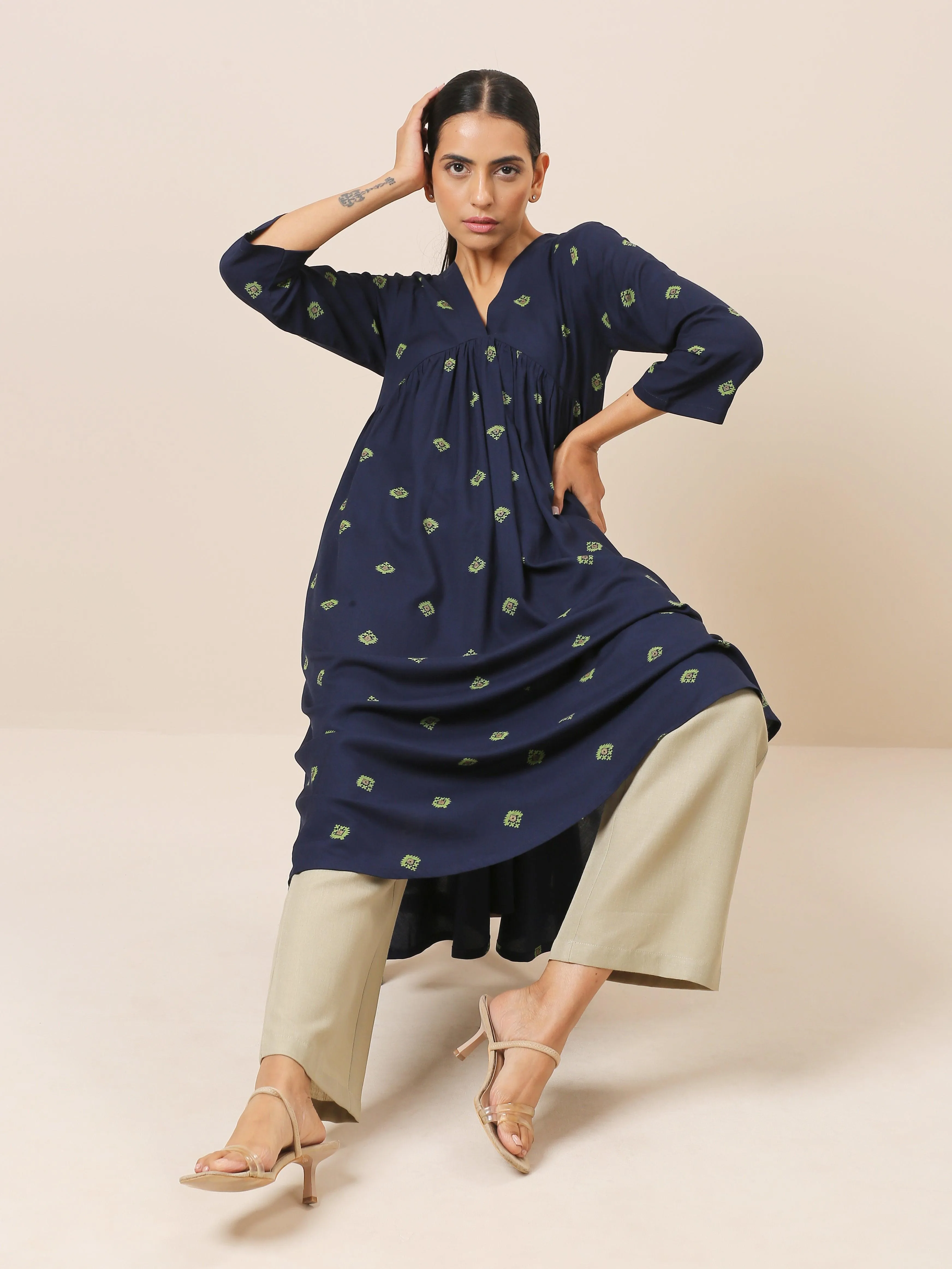 Cotton Blue Printed Slit Kurta Pant Set