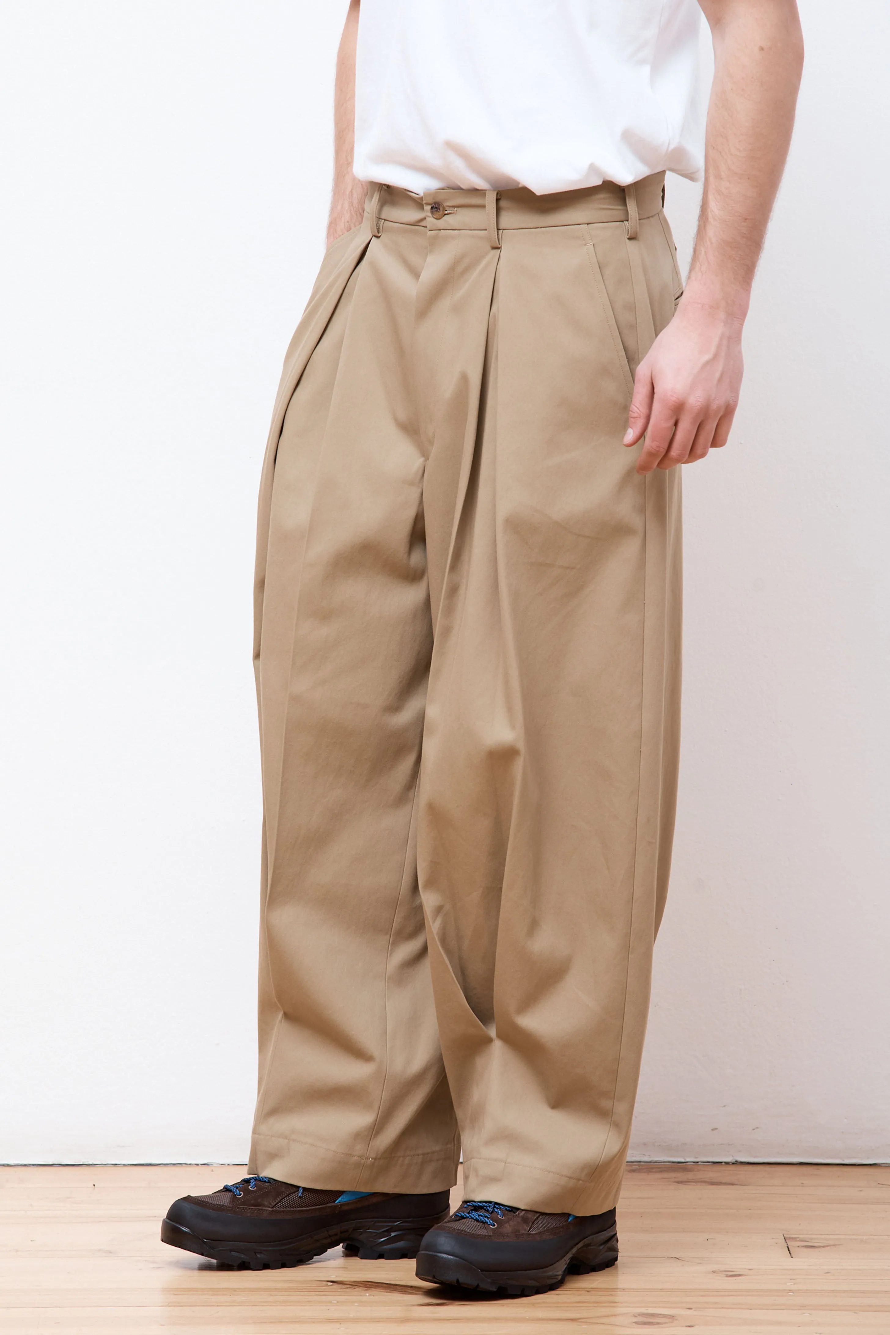 Cotton Twill Pleated Pants Beige