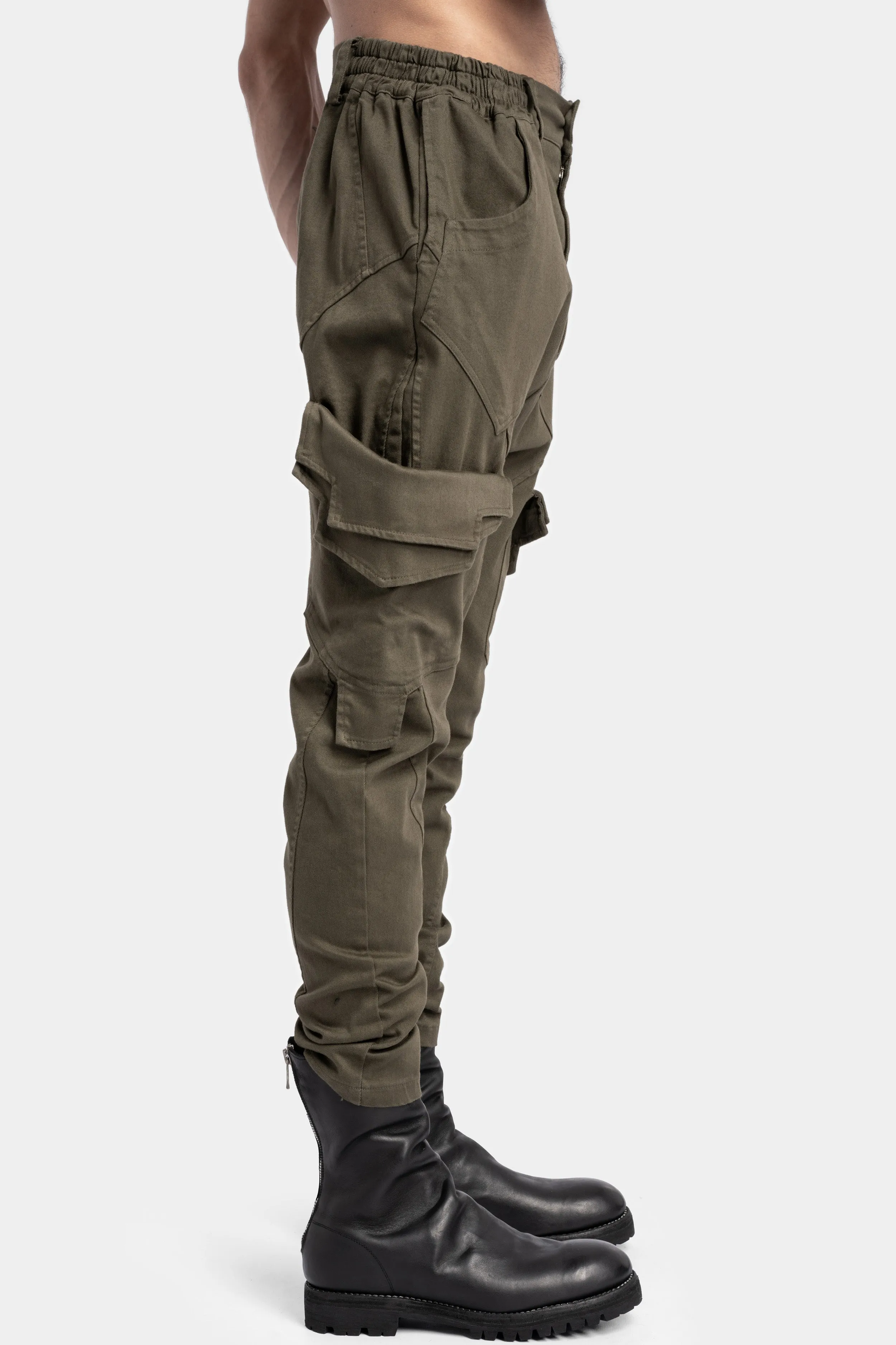 Cotton twill skinny cargo trousers, Military Green