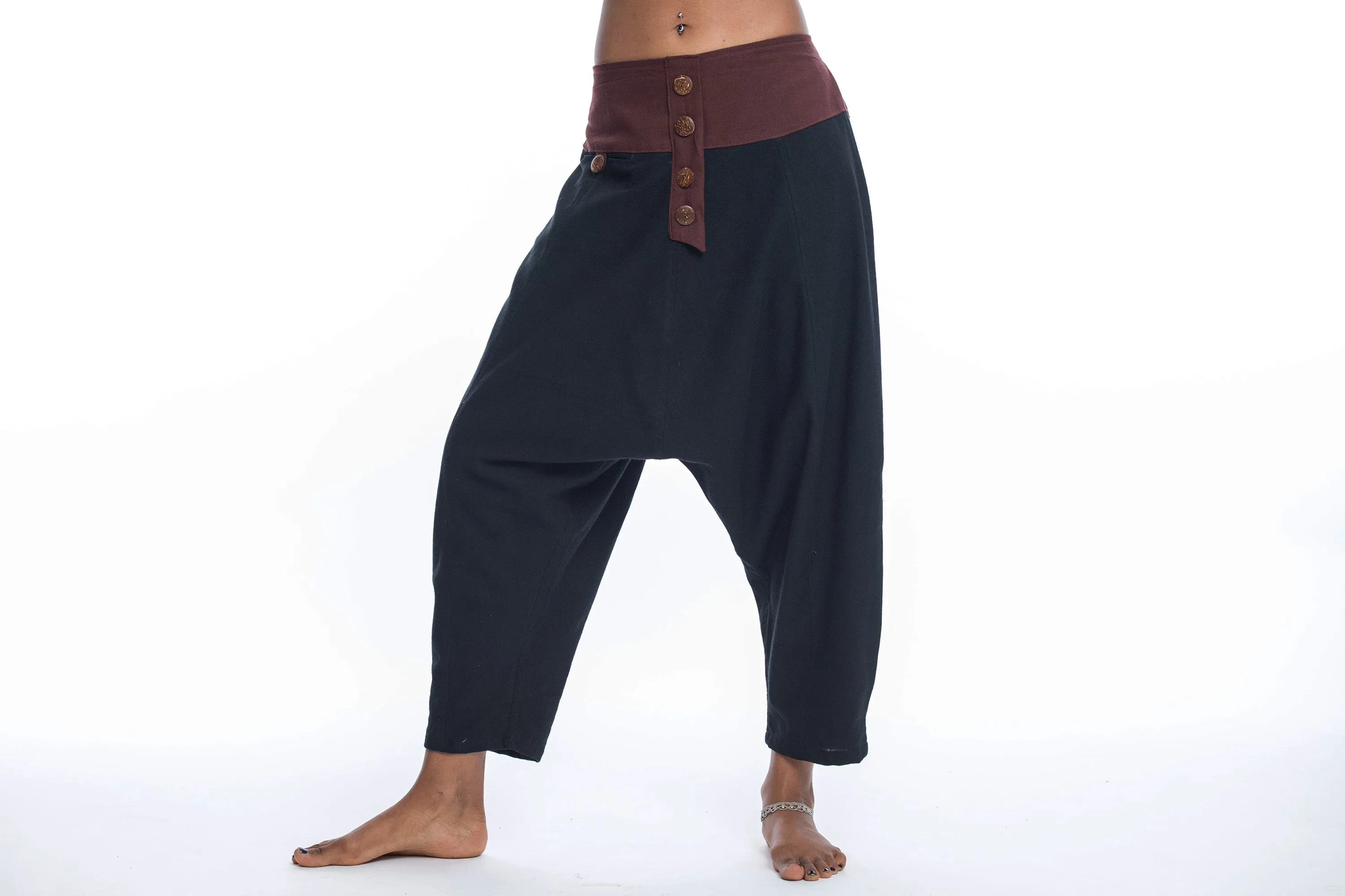 Cotton Women's Harem Pants with Faux Buttons in Black