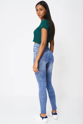 Denim Print Jeggings With Yellow Lace Patches