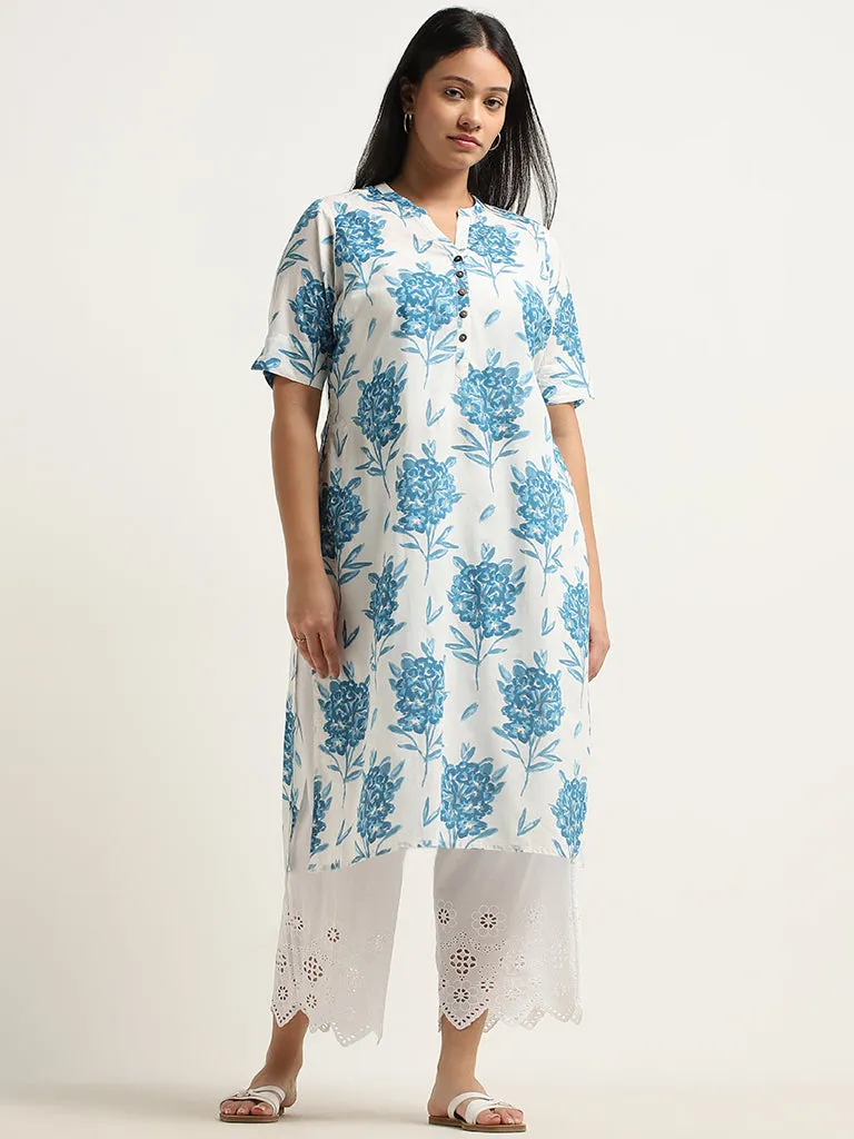 Diza White Floral Design High-Rise Cotton Ethnic Pants