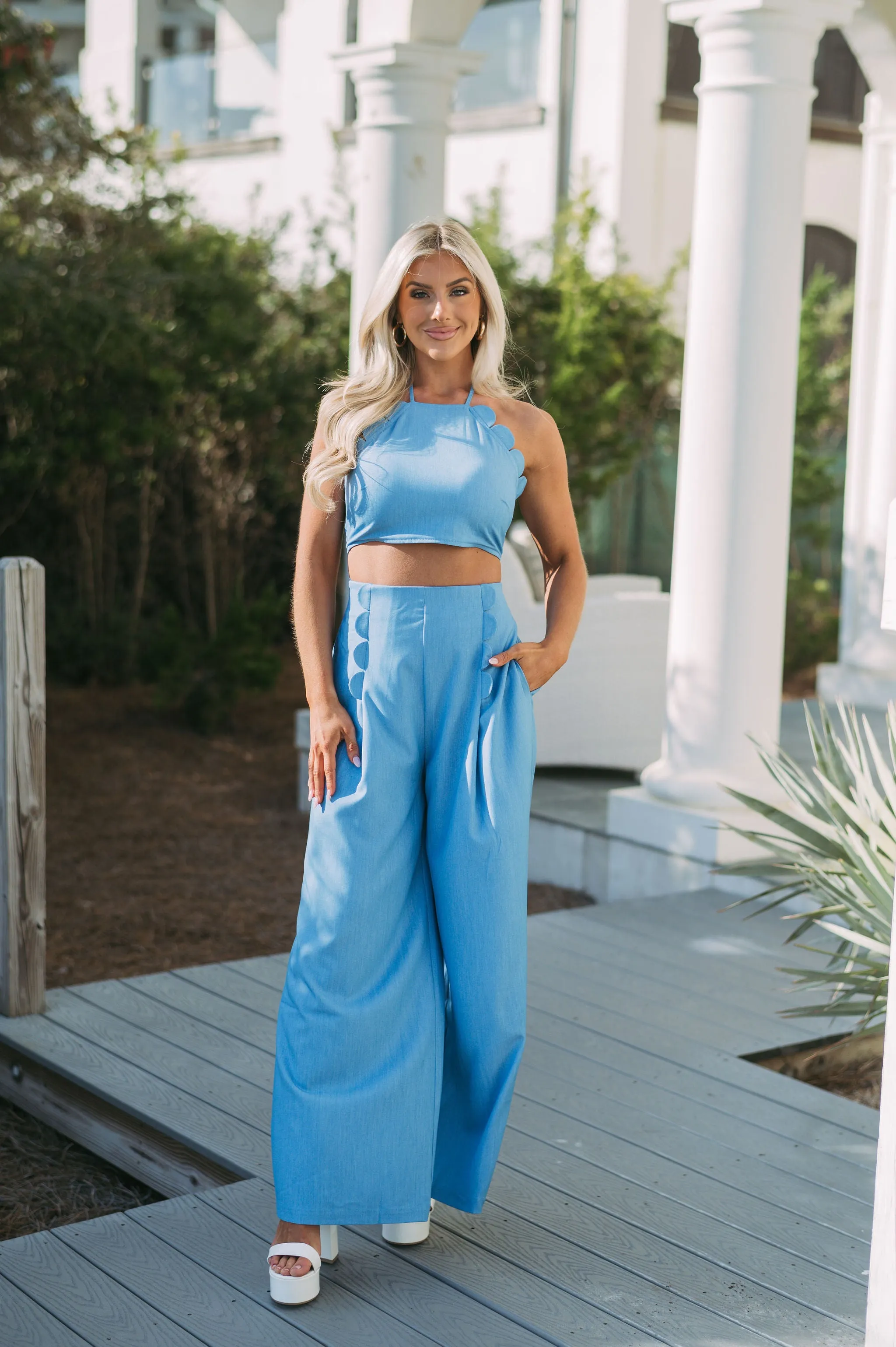 Fallen Scalloped Pant Set- Blue