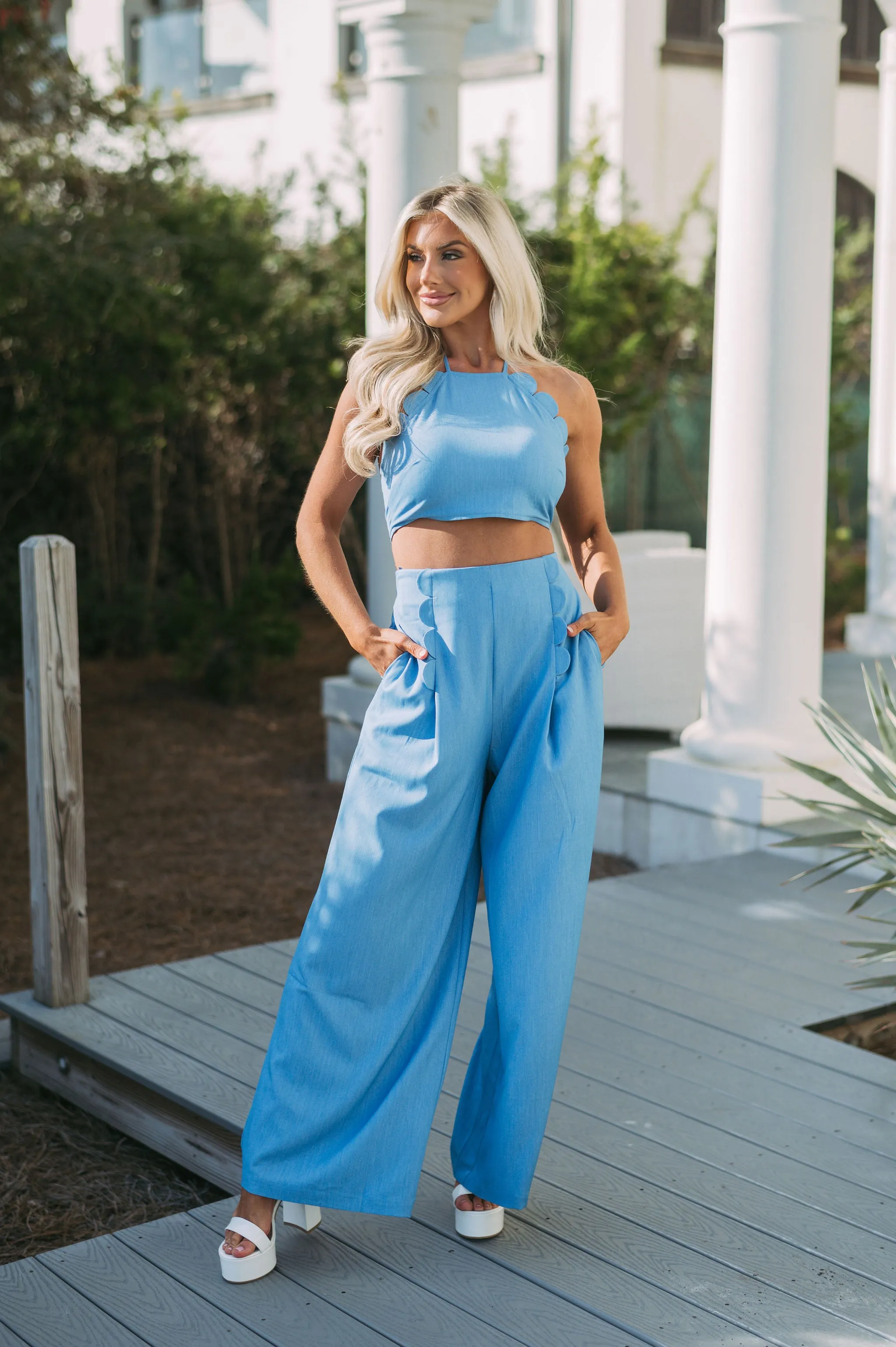 Fallen Scalloped Pant Set- Blue