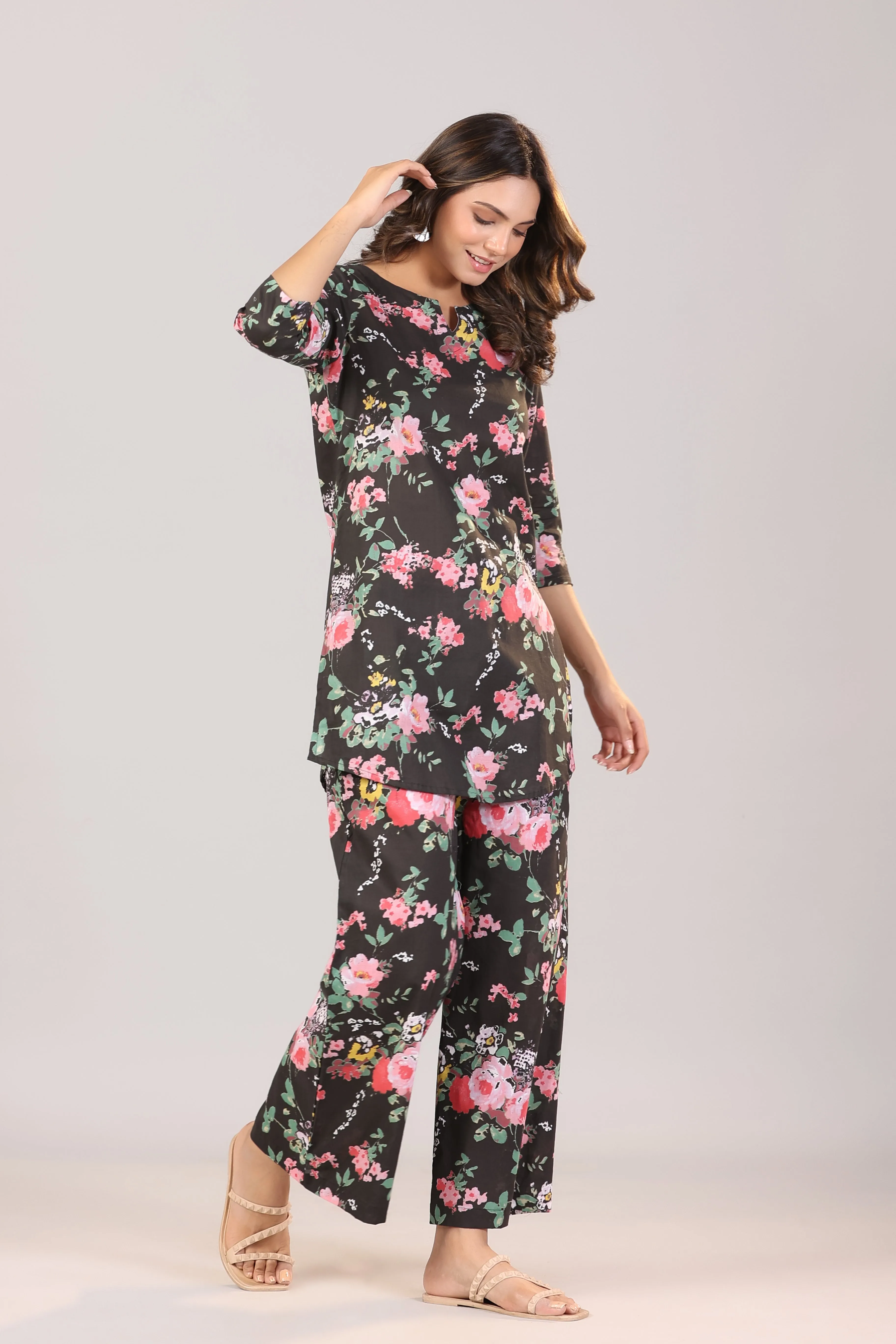 Floral Canopies on Black Cotton  Loungewear Set