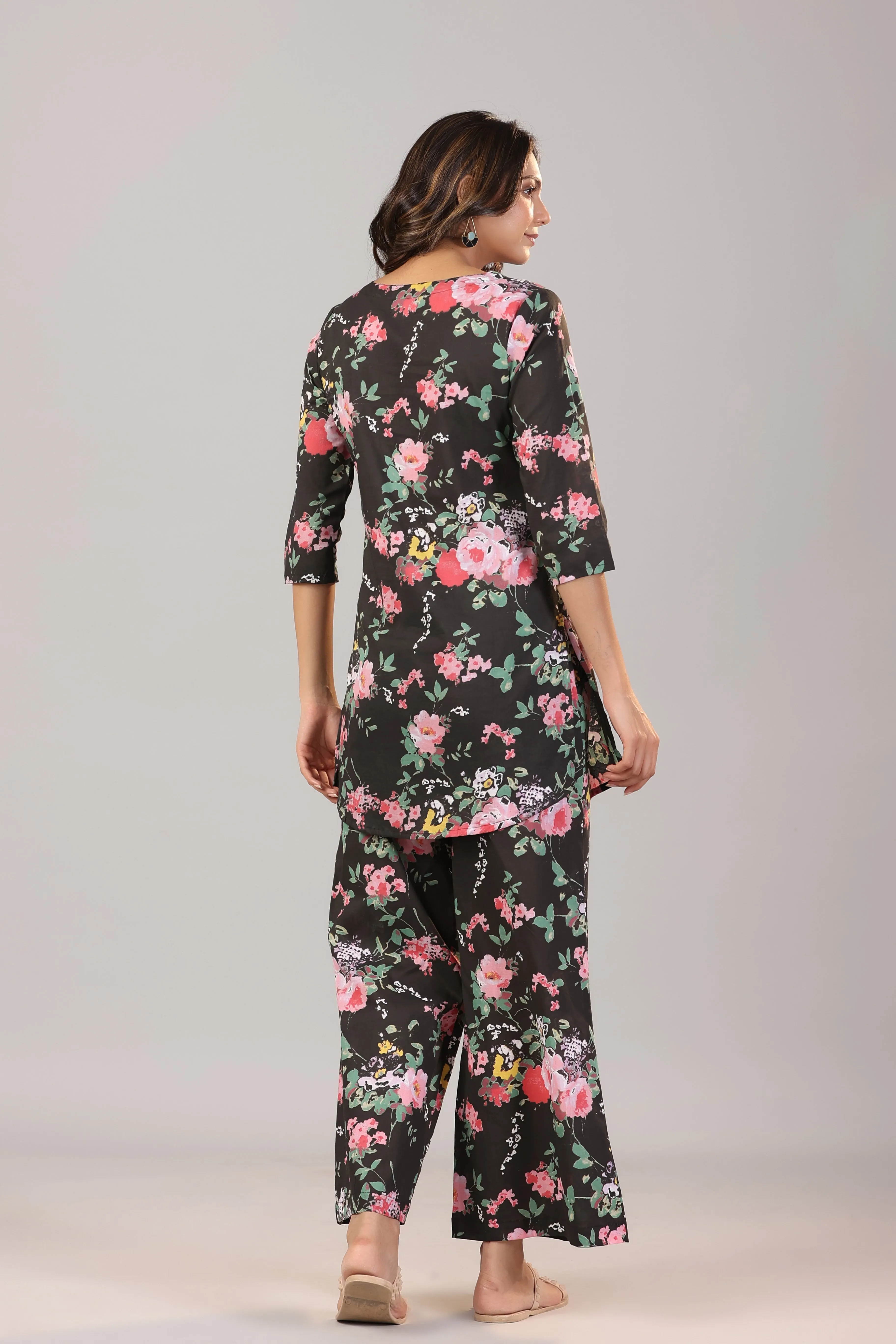 Floral Canopies on Black Cotton  Loungewear Set