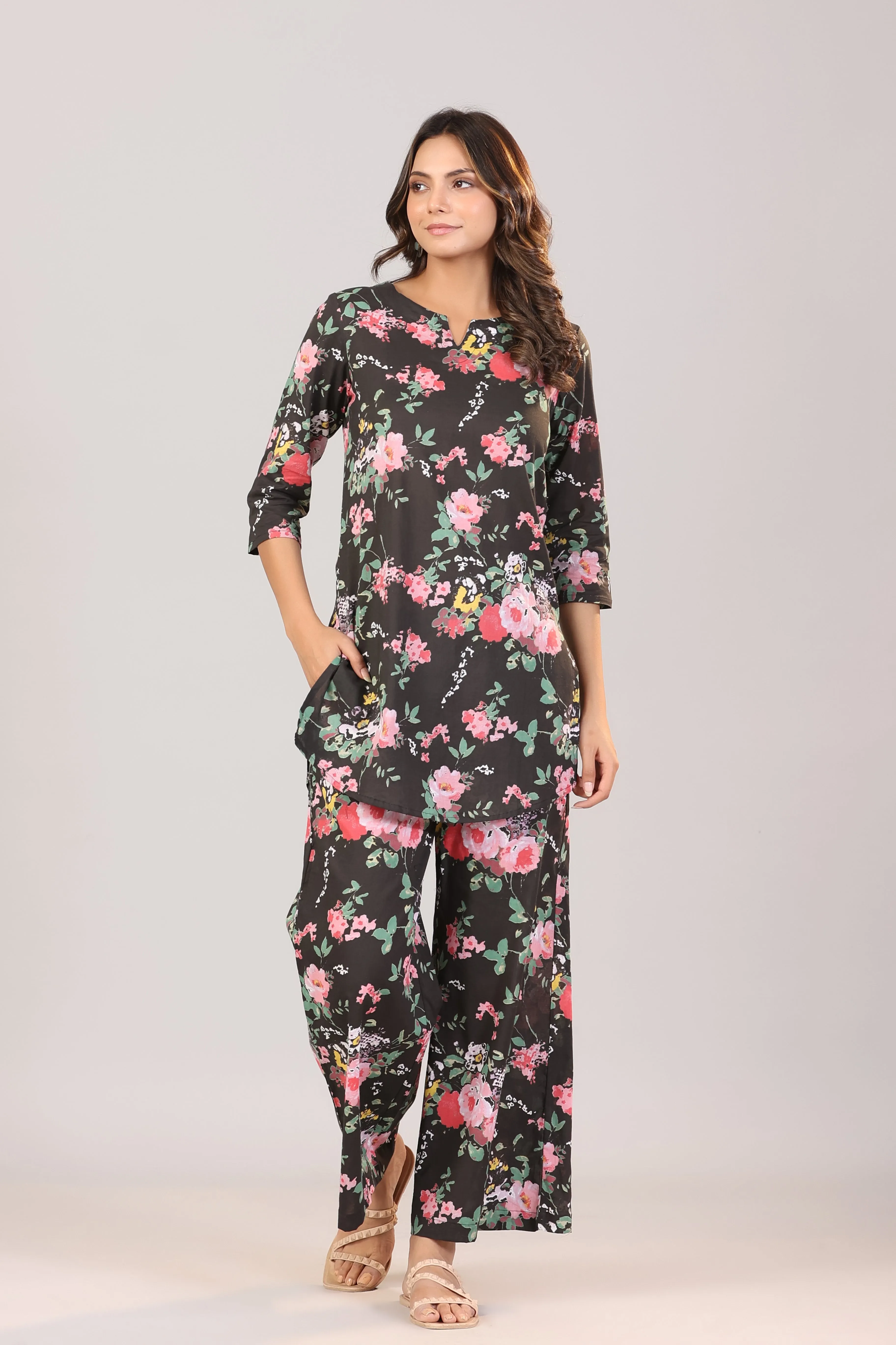 Floral Canopies on Black Cotton  Loungewear Set